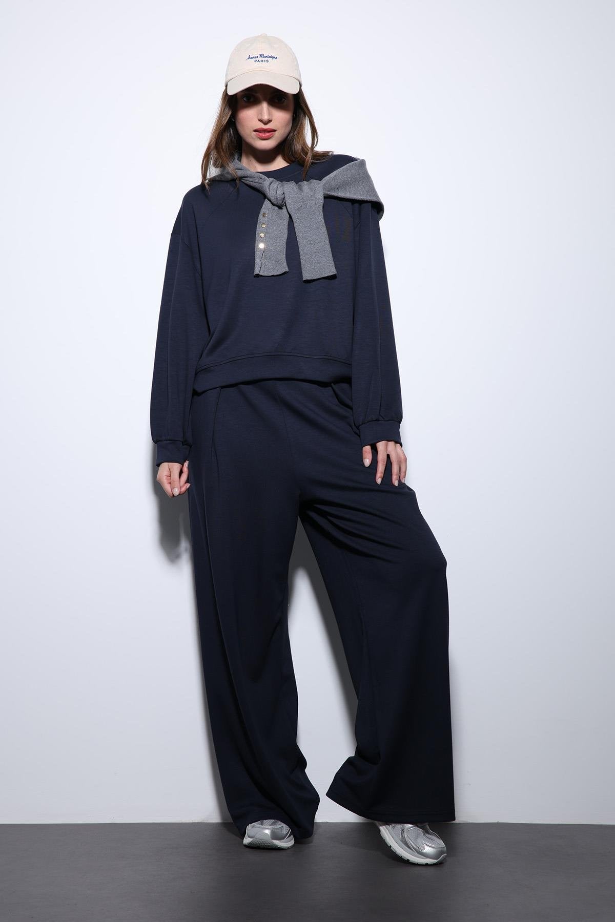 Antioch-Lacivert Geniş Paça Relaxed Kadın Takım-Takım-1-Milagron.com