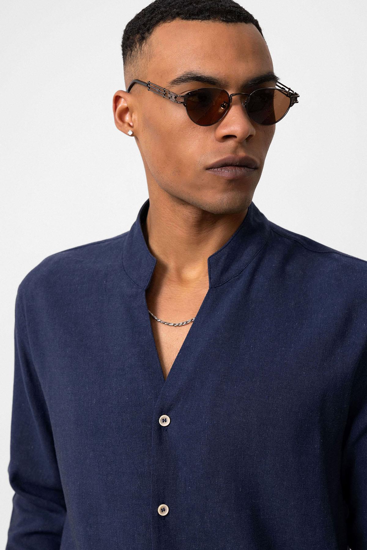 Antioch-Lacivert Hakim Yaka Uzun Kollu Erkek Gömlek-Gömlek-4-Milagron.com