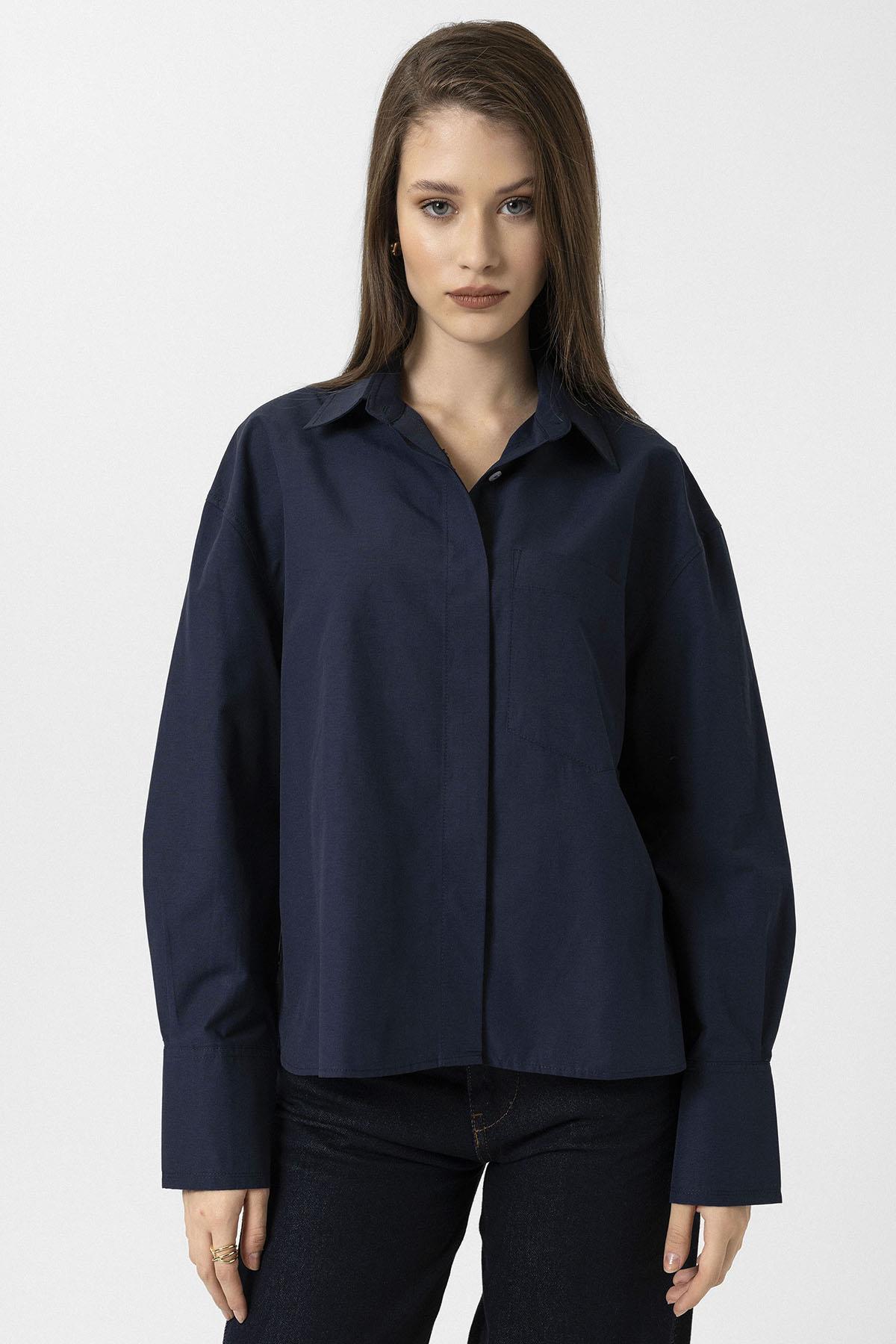 Antioch-Lacivert Kadın Basic Poplin Gömlek-Gömlek-1-Milagron.com