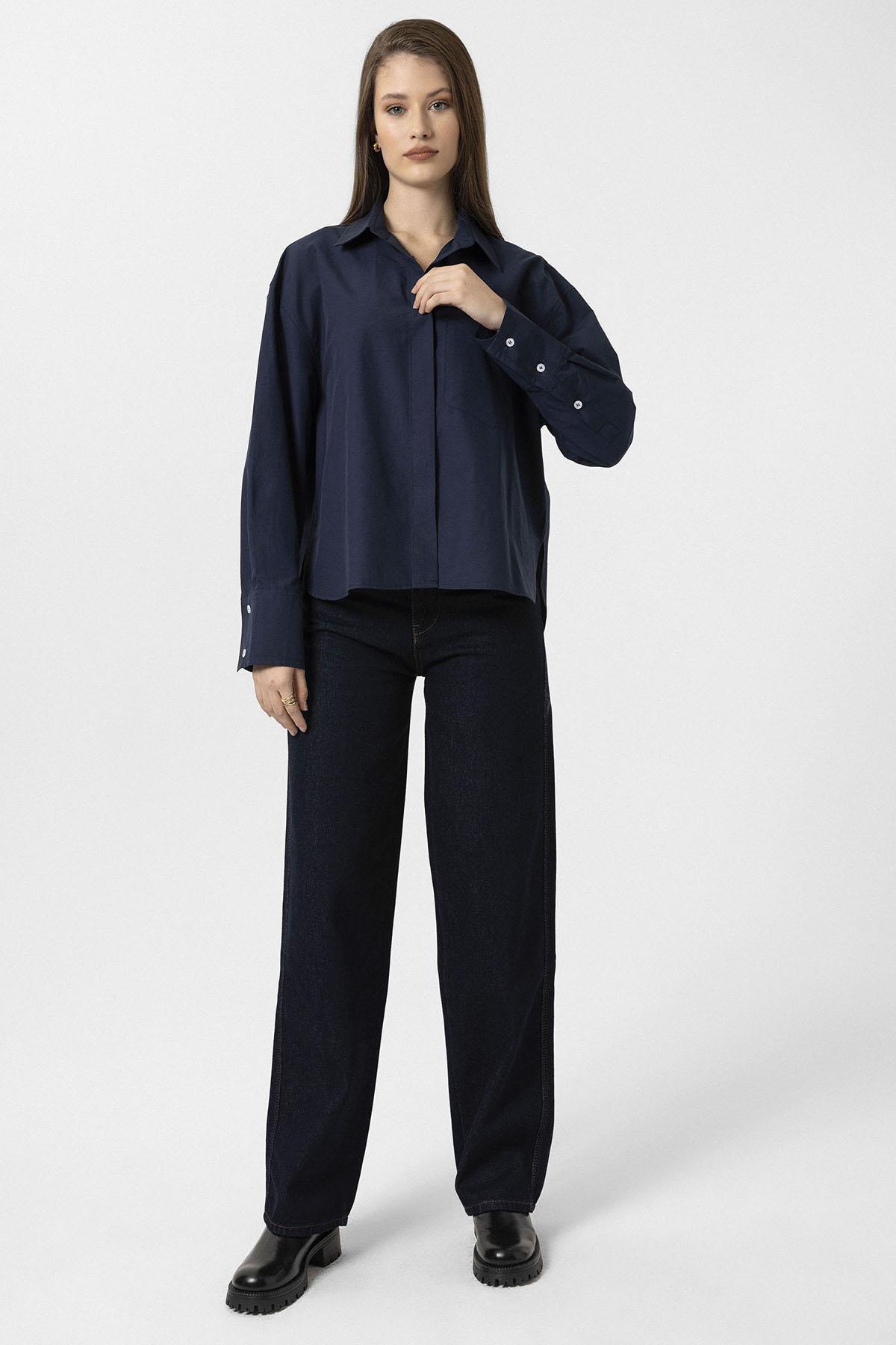 Antioch-Lacivert Kadın Basic Poplin Gömlek-Gömlek-2-Milagron.com
