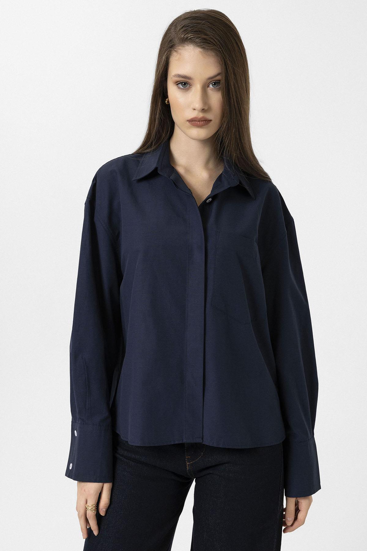 Antioch-Lacivert Kadın Basic Poplin Gömlek-Gömlek-3-Milagron.com