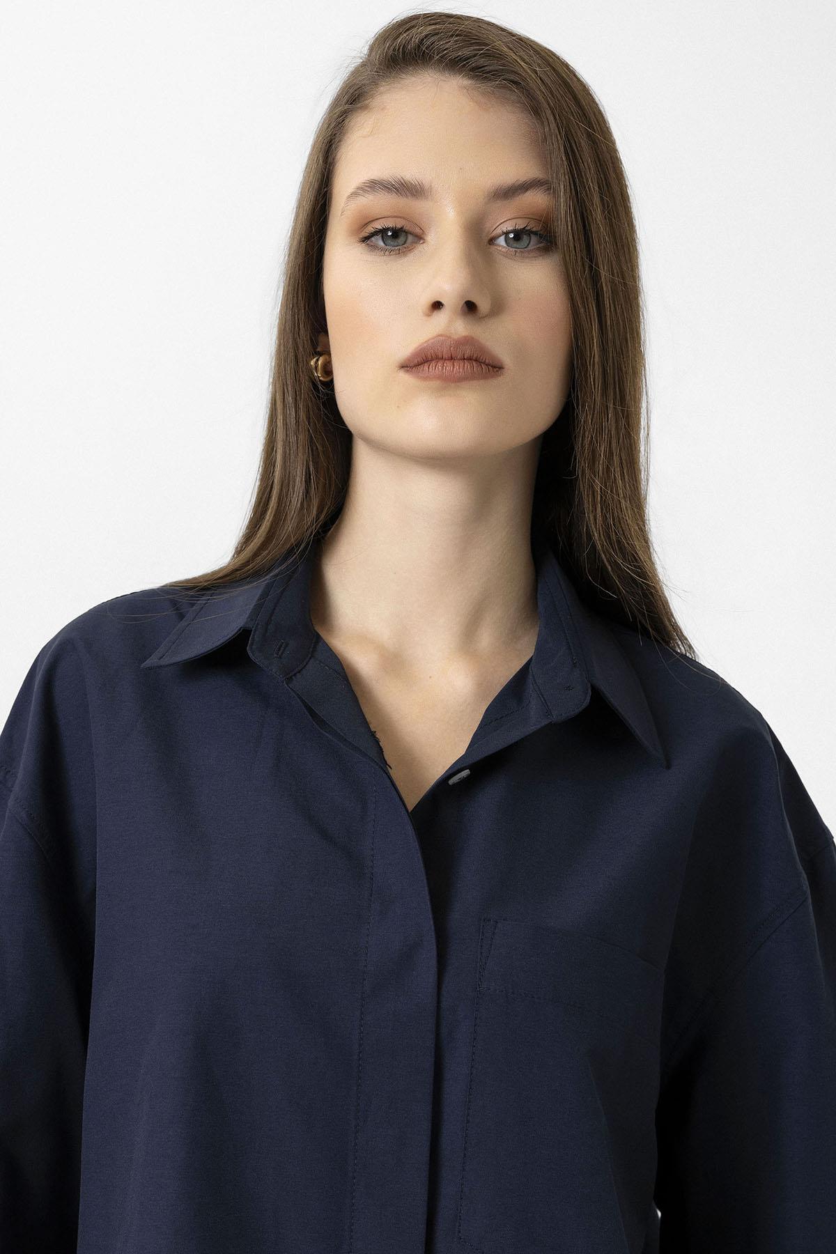 Antioch-Lacivert Kadın Basic Poplin Gömlek-Gömlek-4-Milagron.com