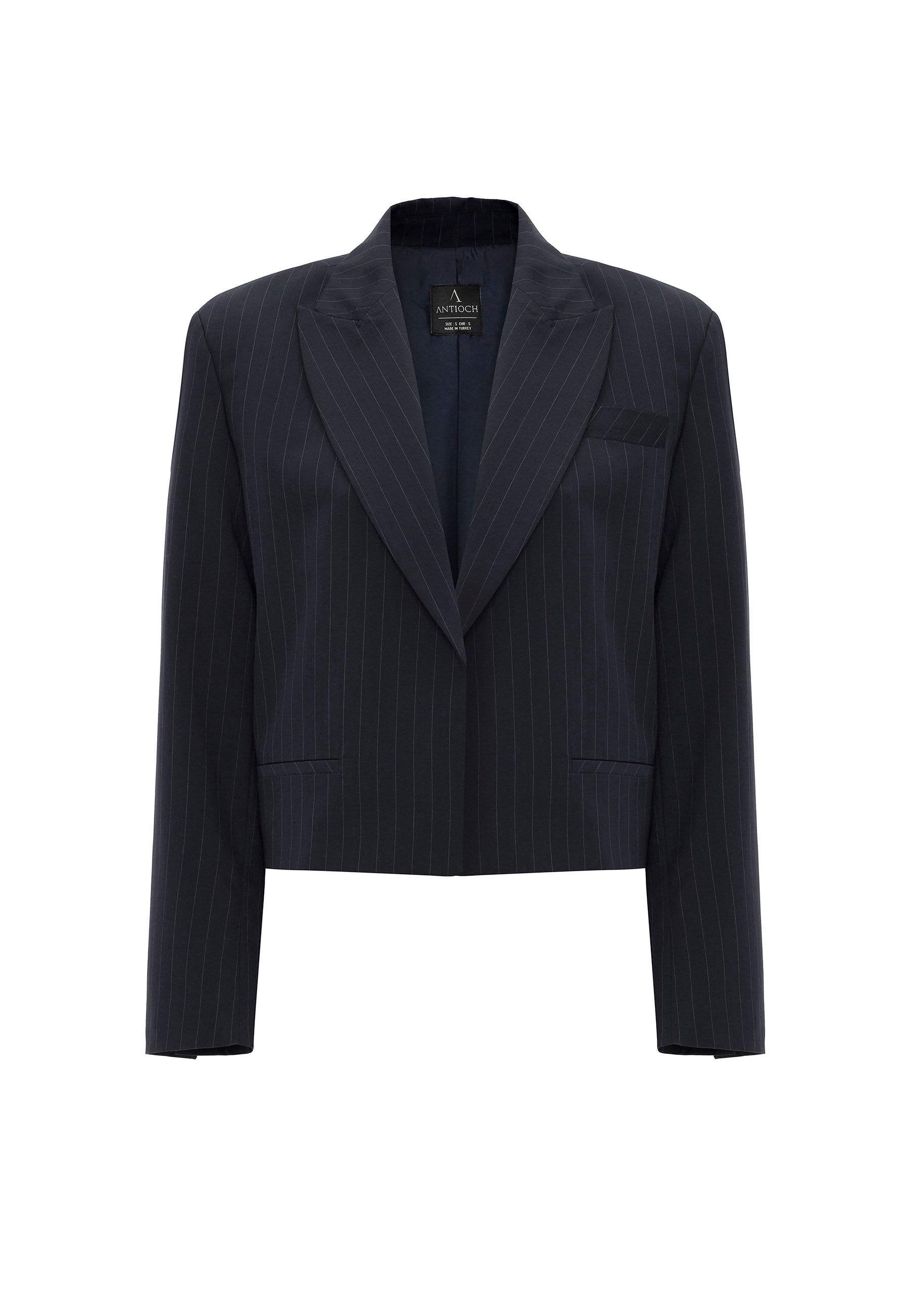 Antioch-Lacivert Kadın İnce Çizgili Crop Blazer Ceket-Ceket-6-Milagron.com