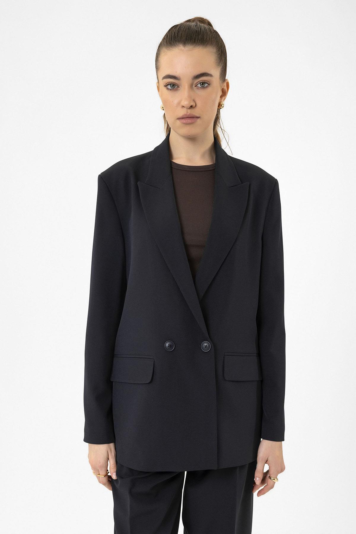 Antioch-Lacivert Kadın Kruvaze Kapama Oversize Blazer Ceket-Blazer Ceket-1-Milagron.com