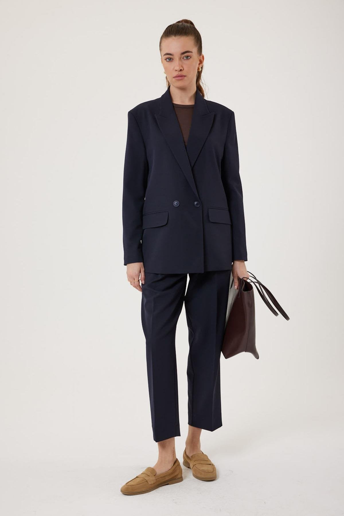 Antioch-Lacivert Kadın Kruvaze Kapama Oversize Blazer Ceket-Blazer Ceket-3-Milagron.com