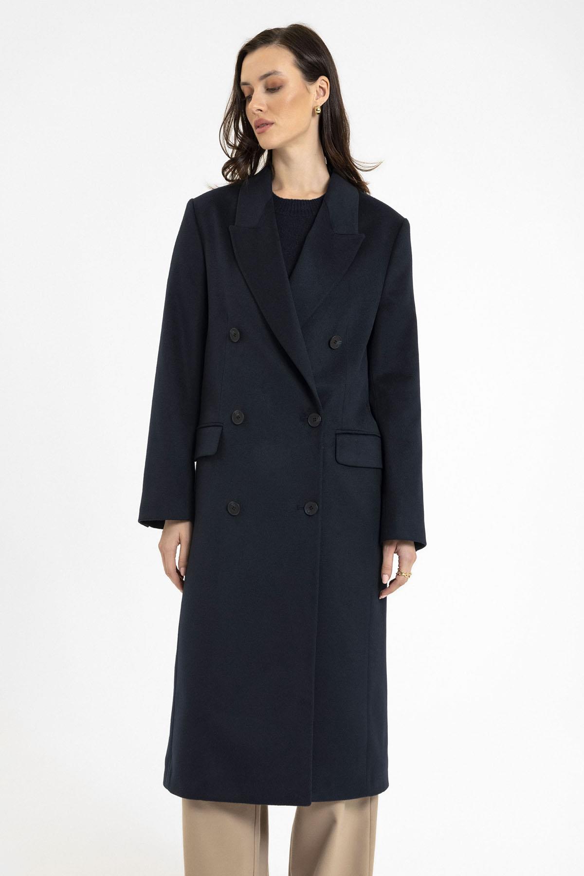 Antioch-Lacivert Kadın Kruvaze Uzun Kaban-Kaban-1-Milagron.com