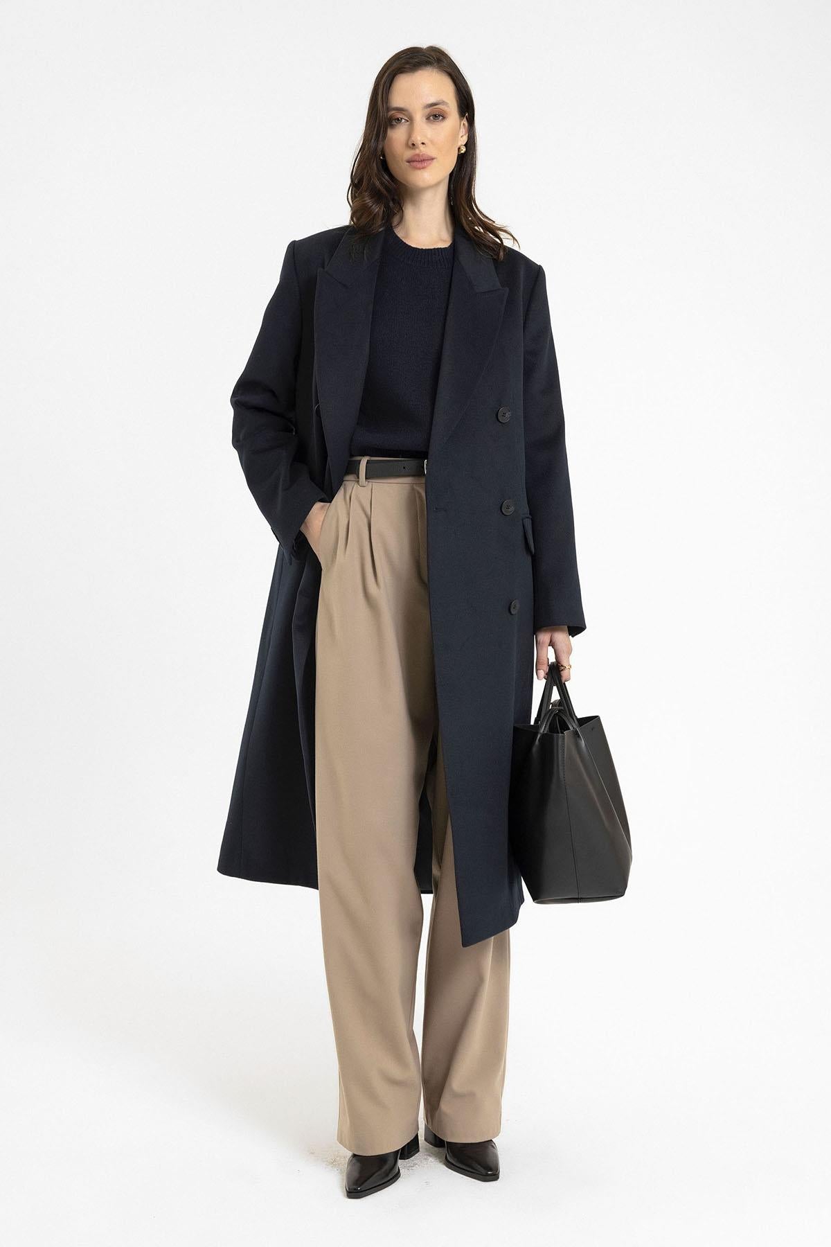 Antioch-Lacivert Kadın Kruvaze Uzun Kaban-Kaban-2-Milagron.com