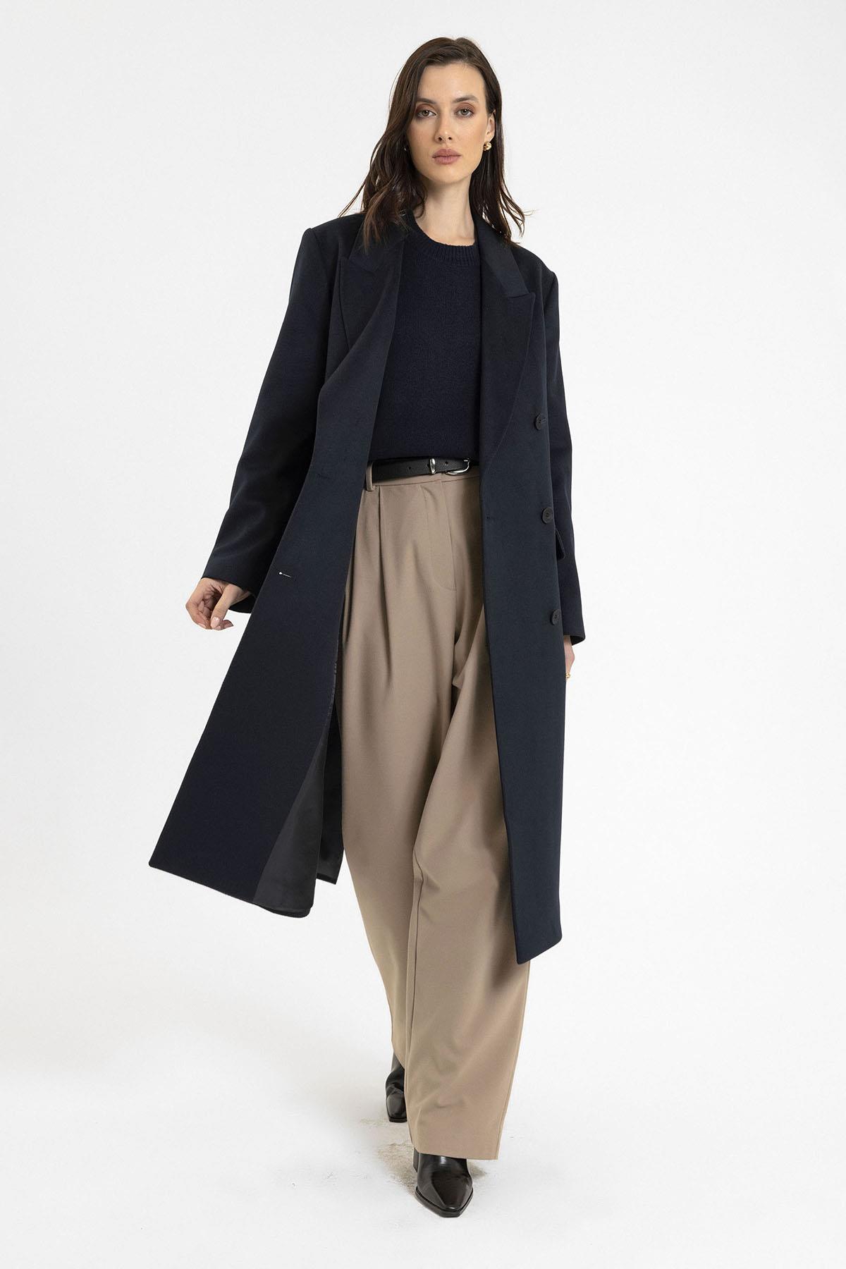 Antioch-Lacivert Kadın Kruvaze Uzun Kaban-Kaban-3-Milagron.com