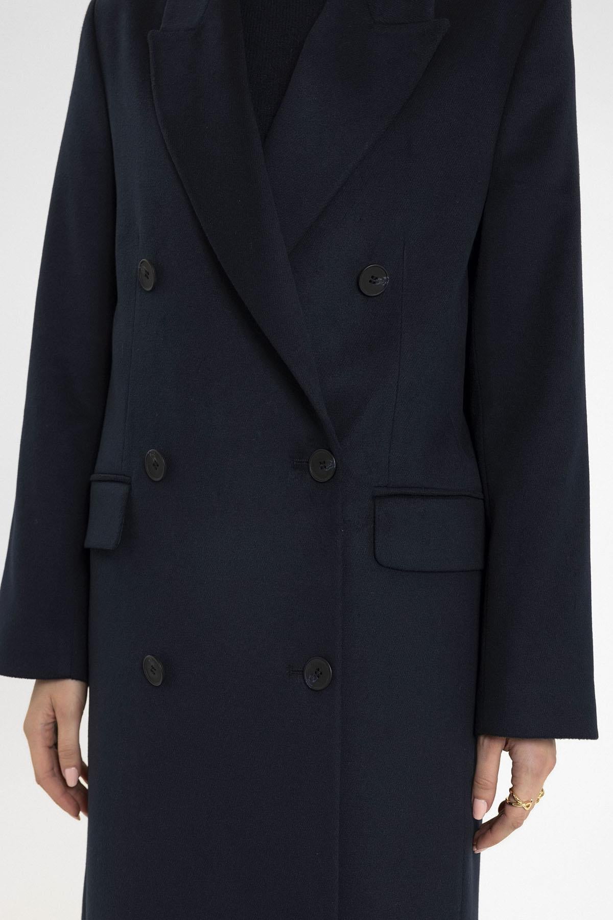 Antioch-Lacivert Kadın Kruvaze Uzun Kaban-Kaban-4-Milagron.com