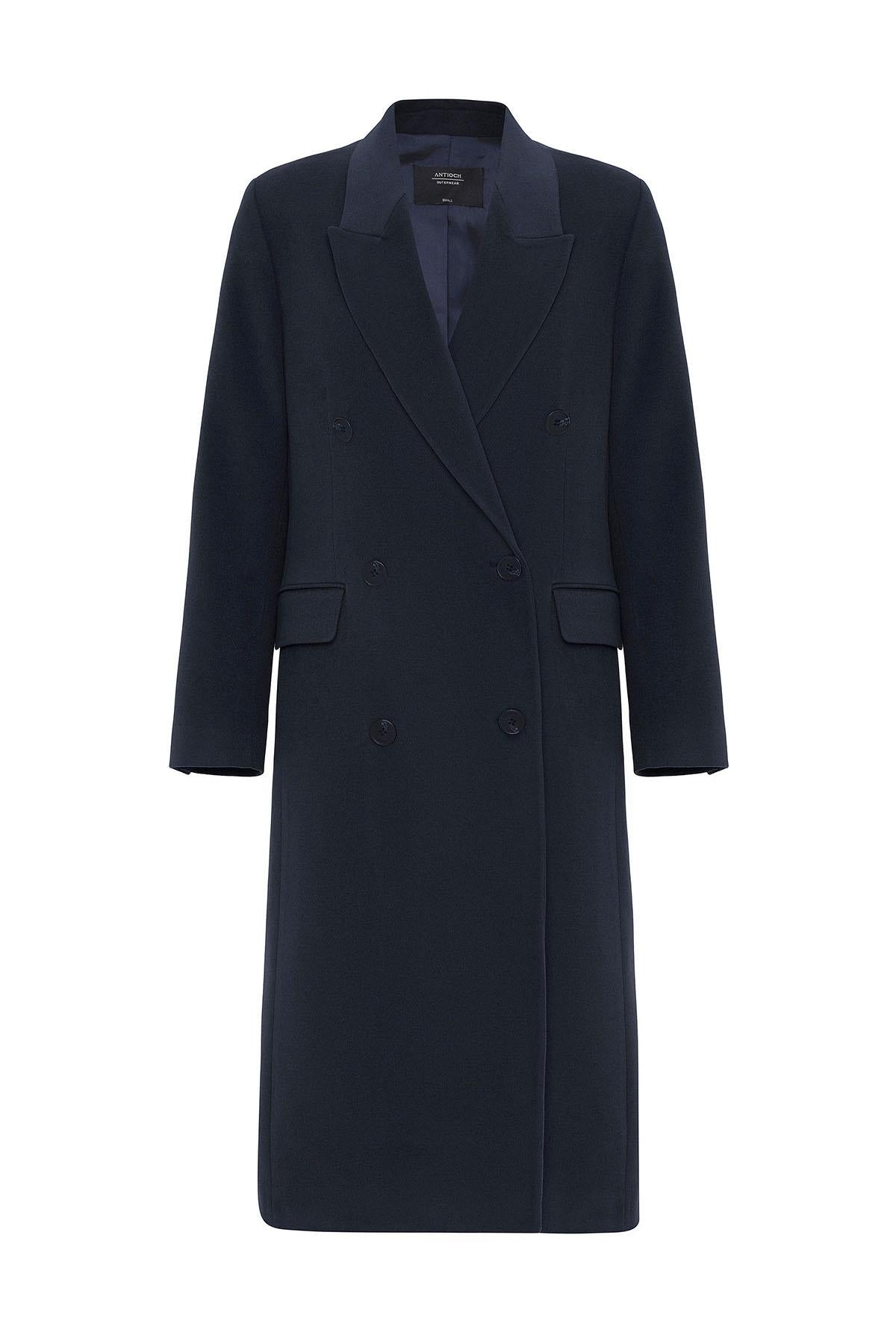 Antioch-Lacivert Kadın Kruvaze Uzun Kaban-Kaban-6-Milagron.com