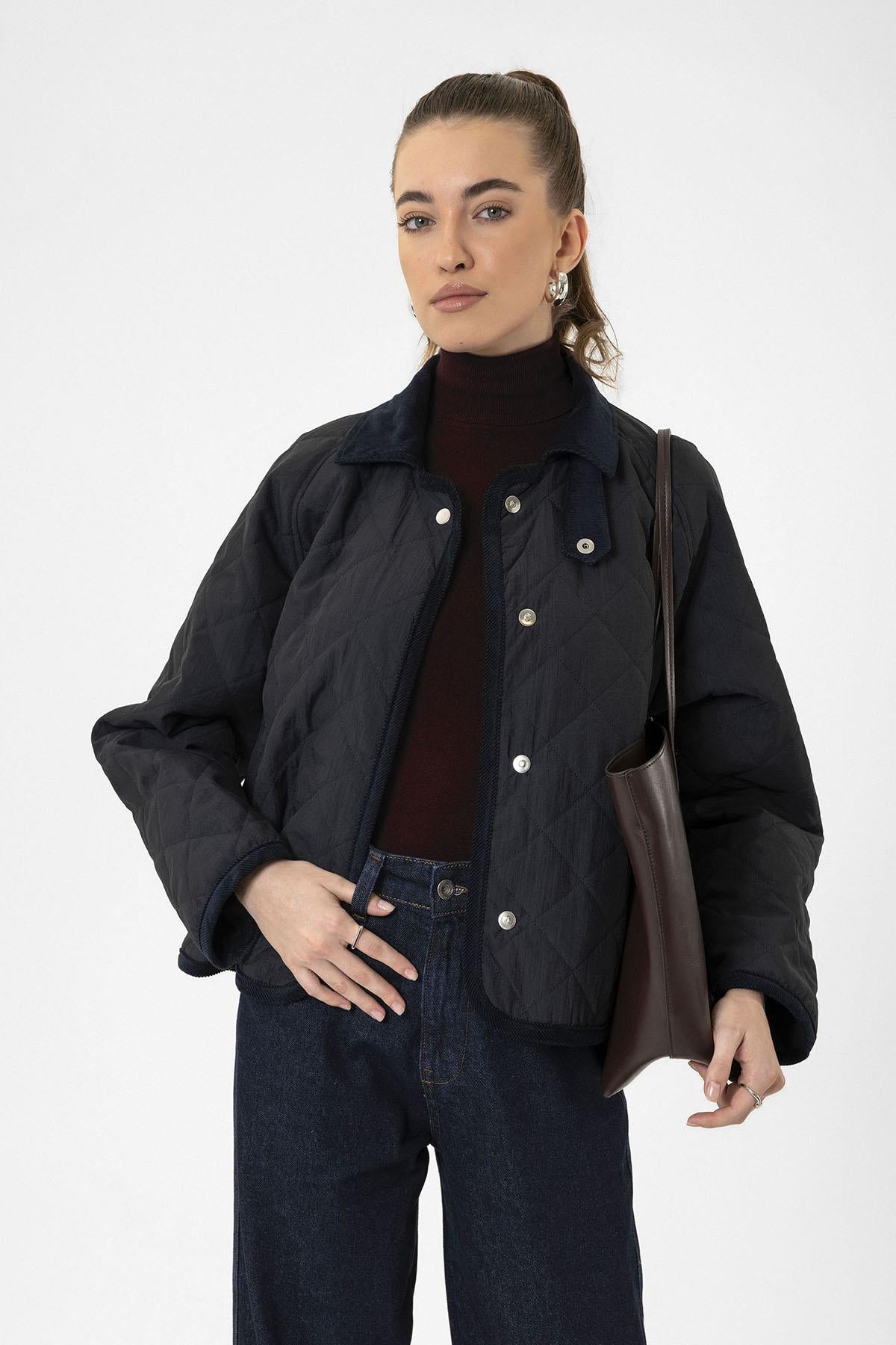 Antioch-Lacivert Kadın Polo Yaka Kapitone Mont-Mont-4-Milagron.com