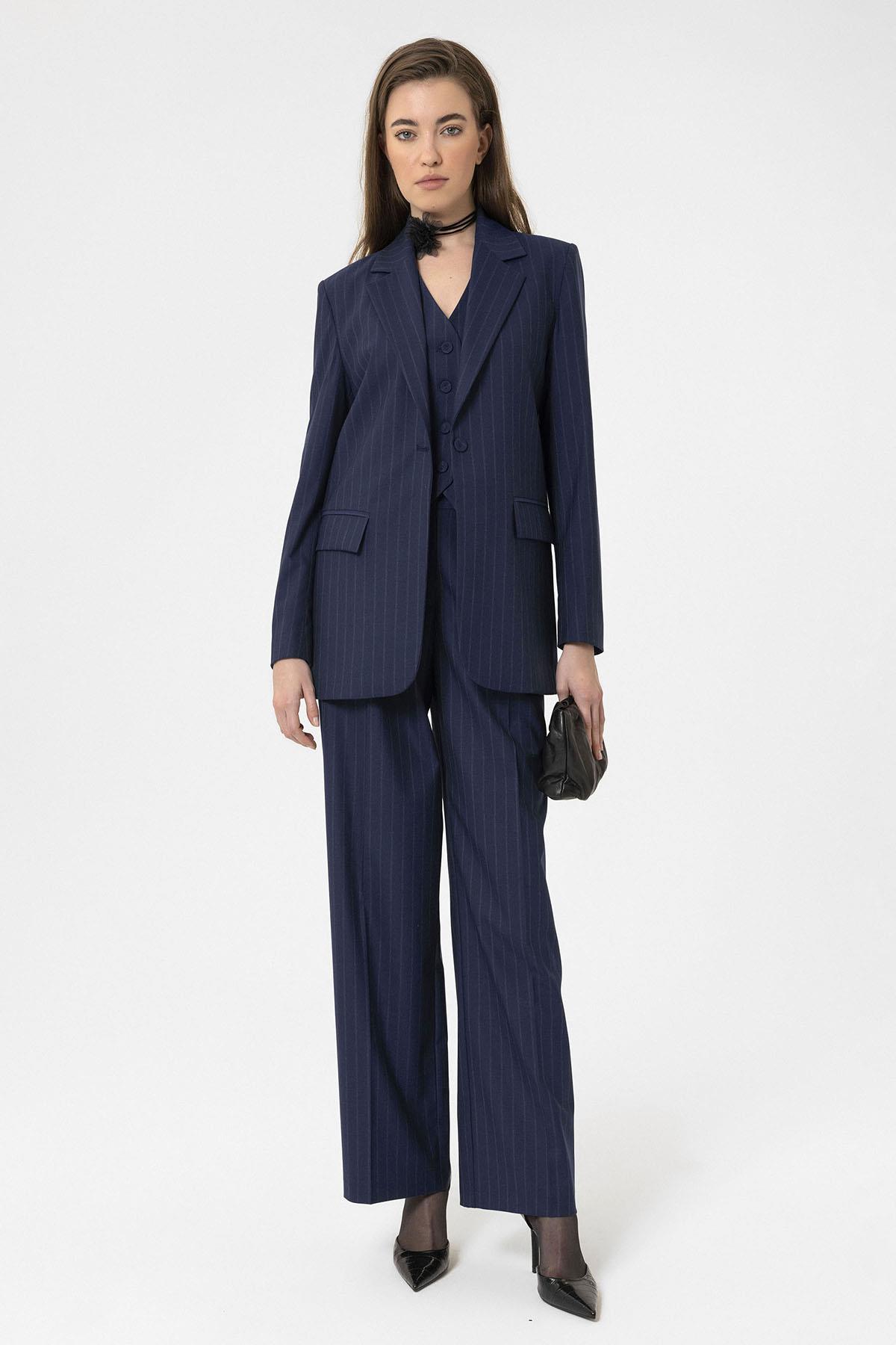 Antioch-Lacivert Kadın Tek Düğme Çizgili Blazer Ceket-Ceket-1-Milagron.com