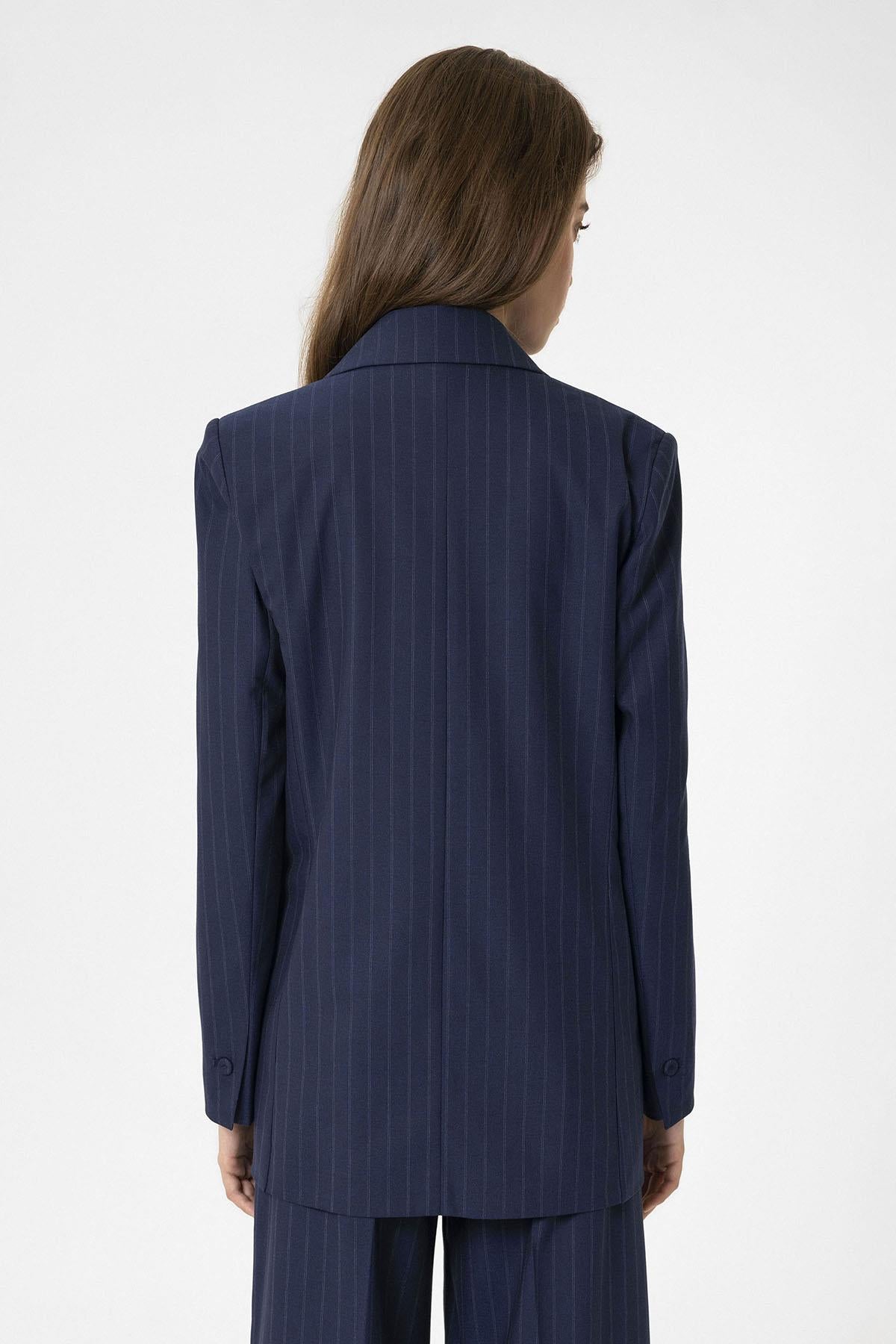 Antioch-Lacivert Kadın Tek Düğme Çizgili Blazer Ceket-Ceket-2-Milagron.com