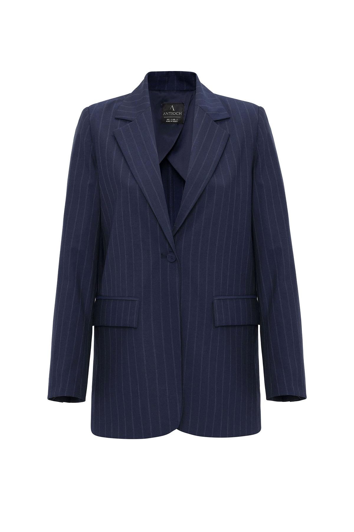 Antioch-Lacivert Kadın Tek Düğme Çizgili Blazer Ceket-Ceket-3-Milagron.com