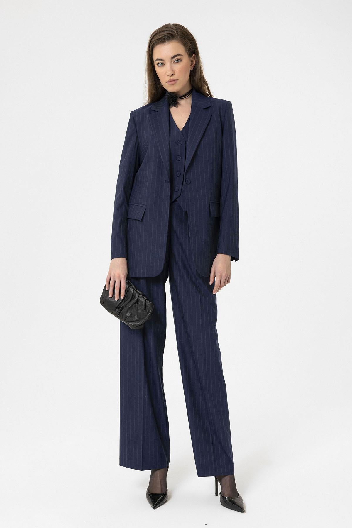 Antioch-Lacivert Kadın Tek Düğme Çizgili Blazer Ceket-Ceket-4-Milagron.com