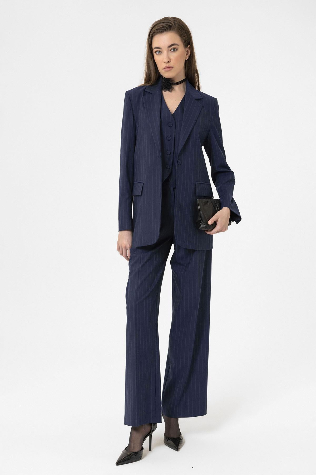 Antioch-Lacivert Kadın Tek Düğme Çizgili Blazer Ceket-Ceket-5-Milagron.com