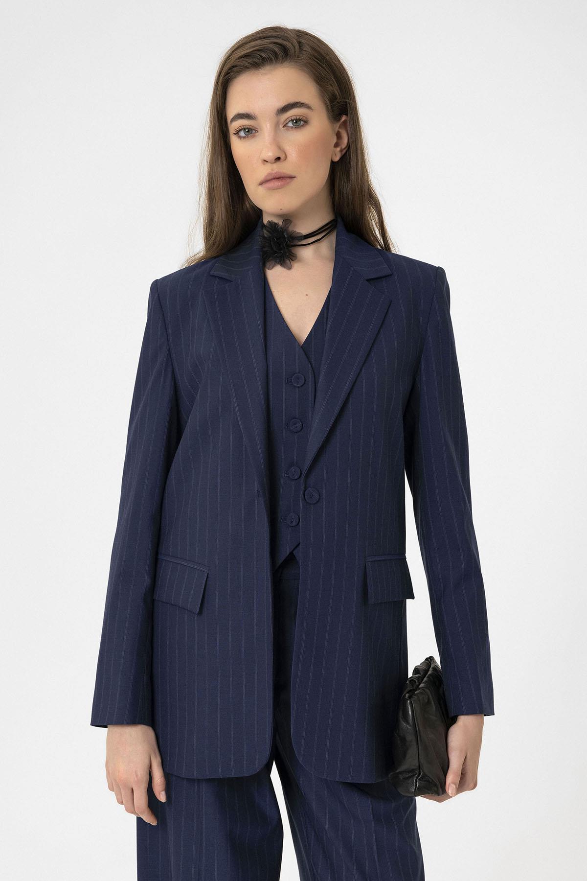 Antioch-Lacivert Kadın Tek Düğme Çizgili Blazer Ceket-Ceket-7-Milagron.com