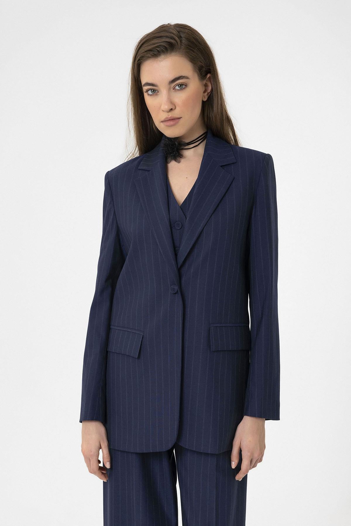 Antioch-Lacivert Kadın Tek Düğme Çizgili Blazer Ceket-Ceket-8-Milagron.com