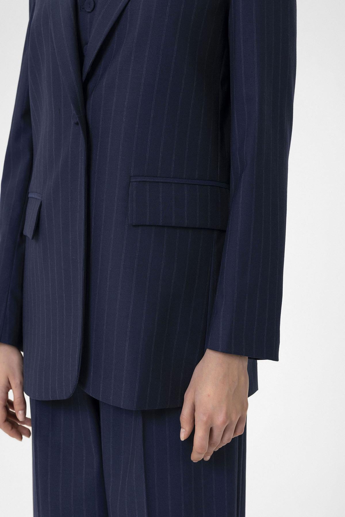 Antioch-Lacivert Kadın Tek Düğme Çizgili Blazer Ceket-Ceket-9-Milagron.com