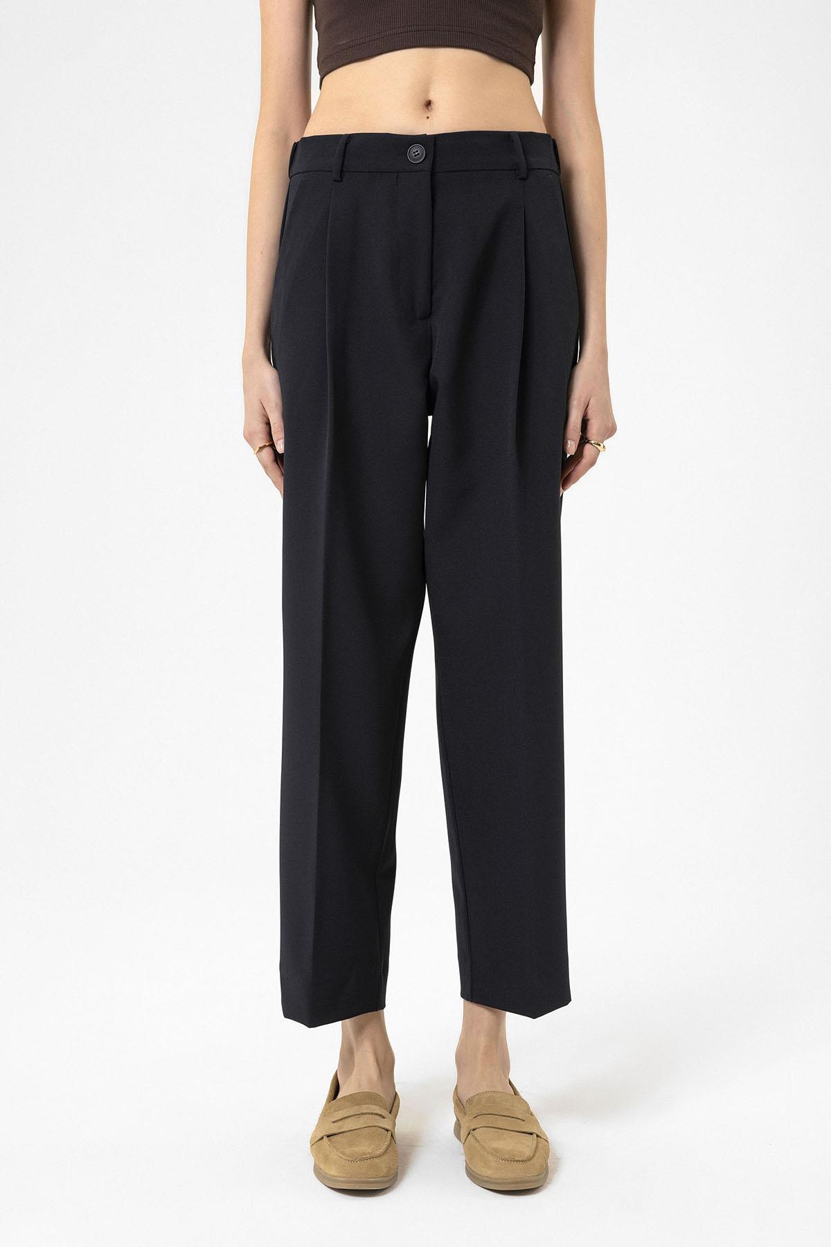 Antioch-Lacivert Kadın Yüksek Bel Straight Fit Kısa Pantolon-Pantolon-1-Milagron.com