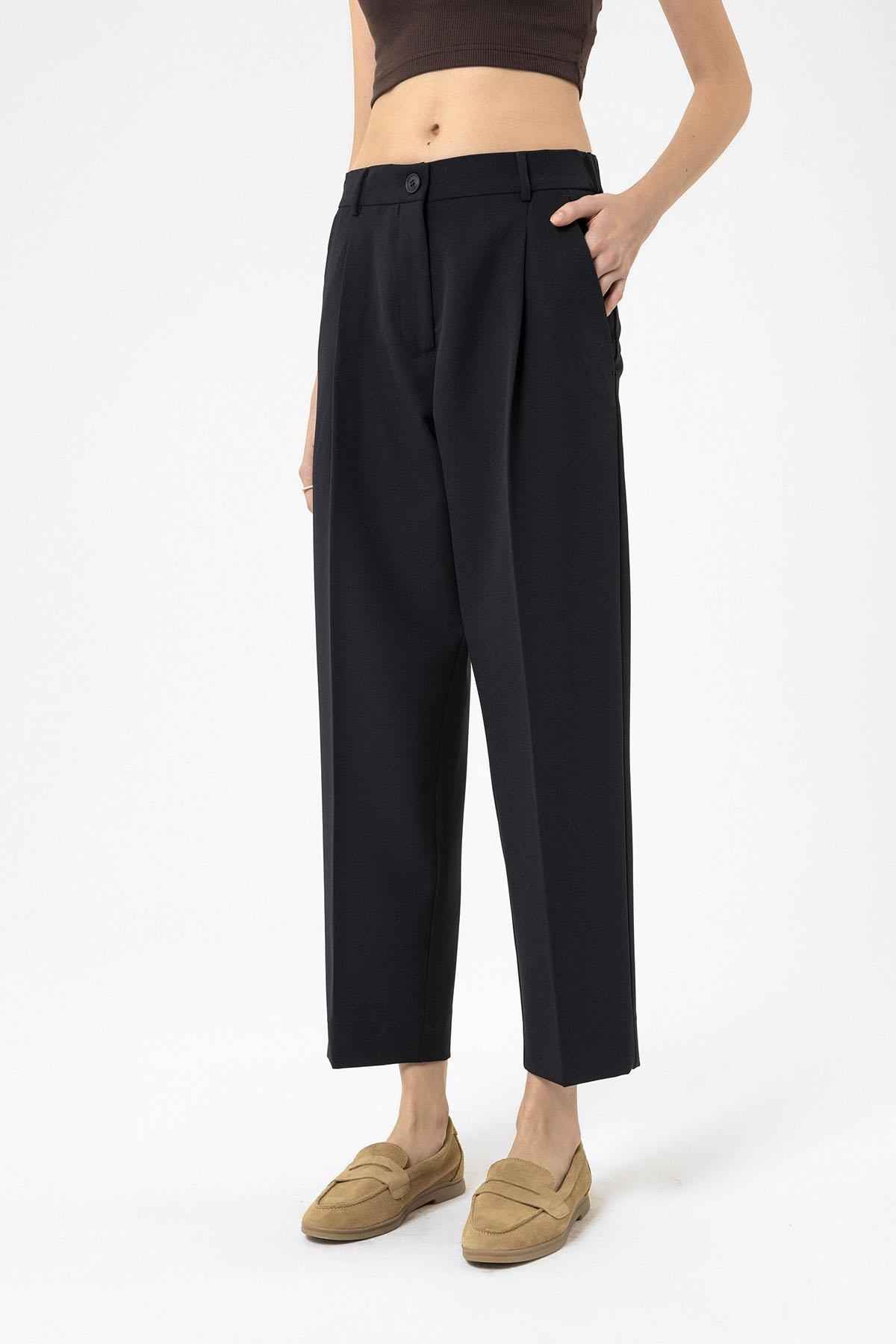 Antioch-Lacivert Kadın Yüksek Bel Straight Fit Kısa Pantolon-Pantolon-3-Milagron.com