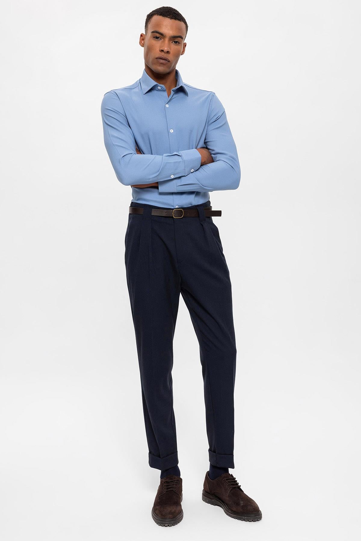 Antioch Lacivert Kemerli Double Paça Pantolon
