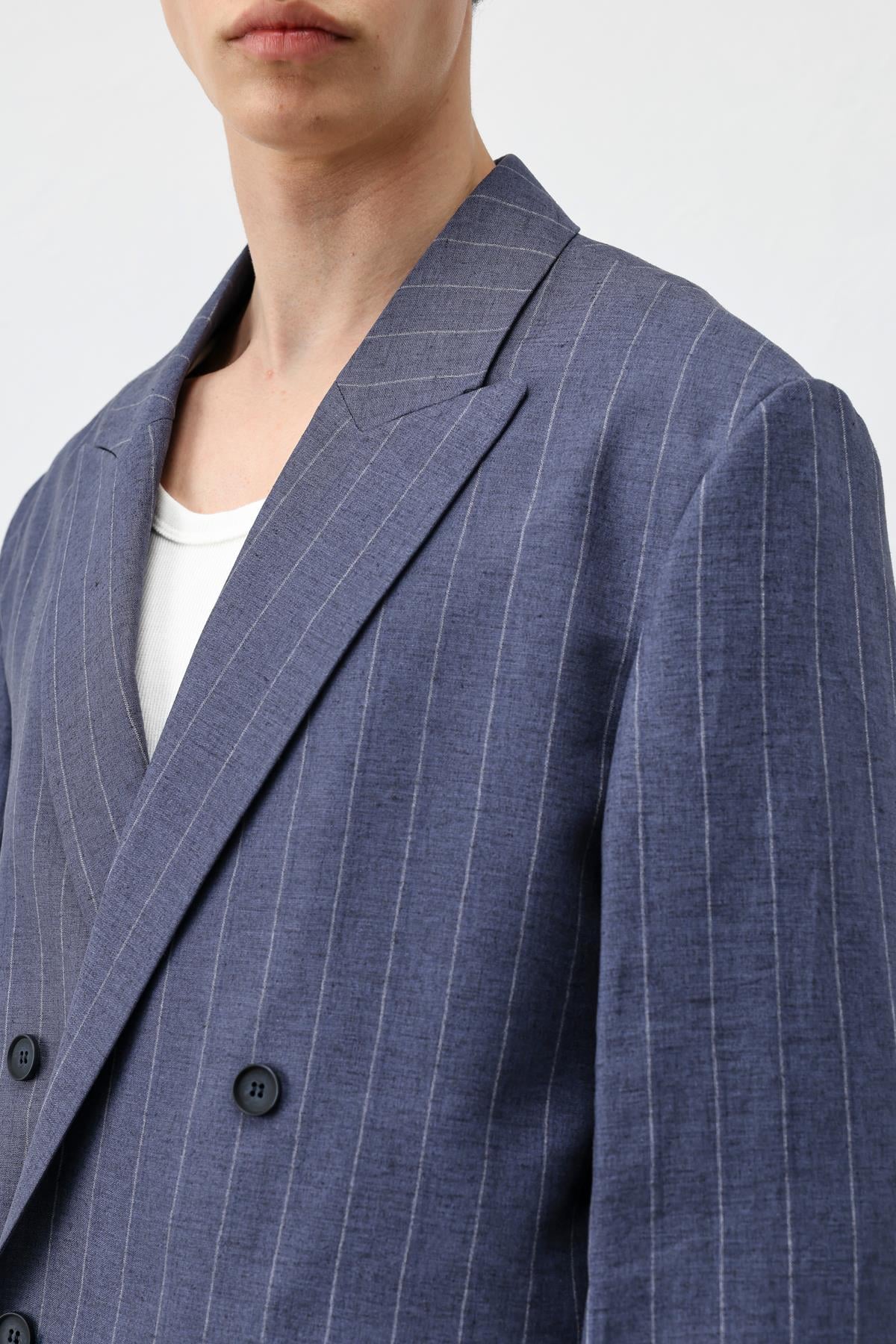 Antioch Lacivert Keten Karışımlı Çizgili Erkek Blazer Ceket