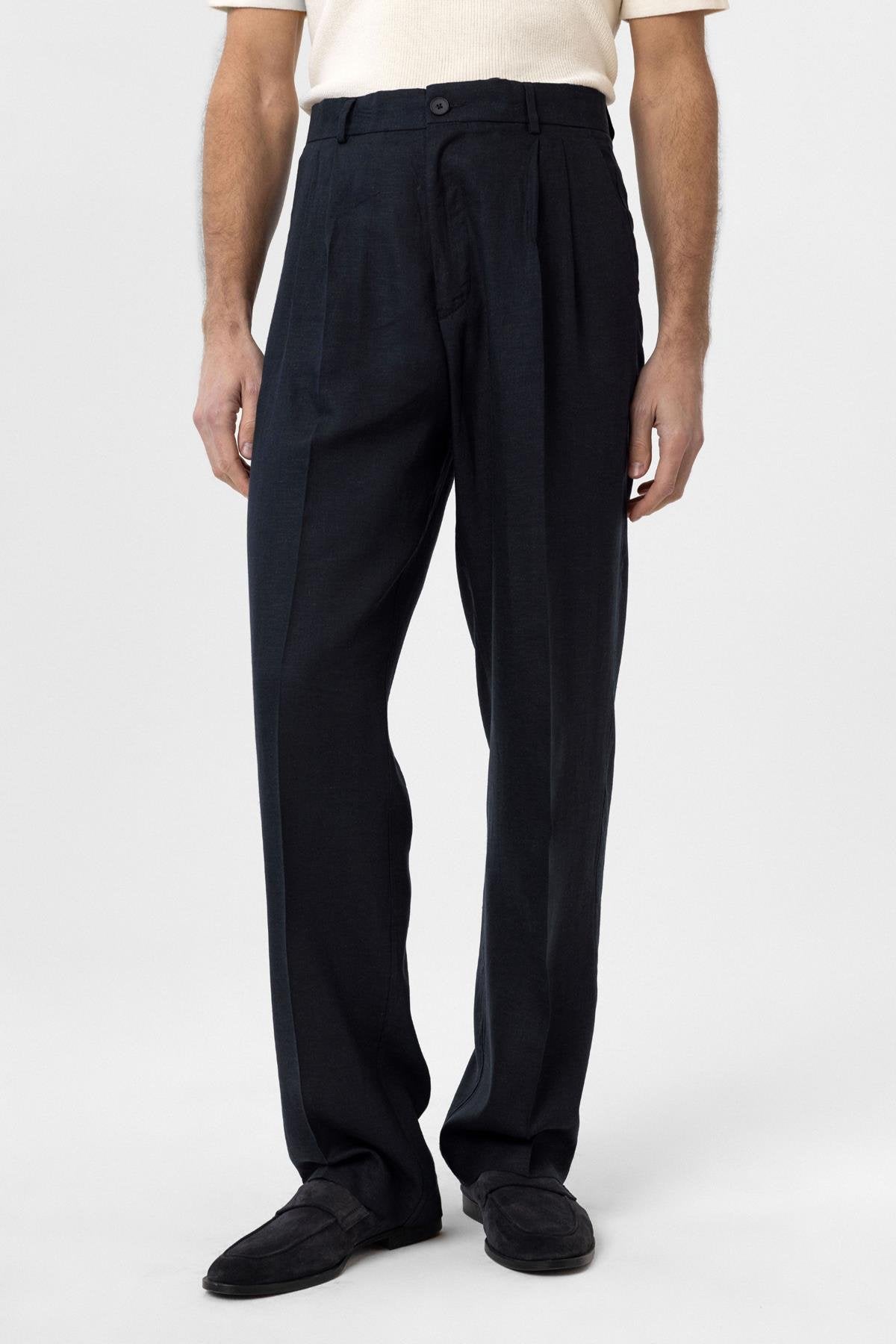 Antioch-Lacivert Keten Karışımlı Erkek Baggy Pantolon-Kumaş Pantolon-1-Milagron.com