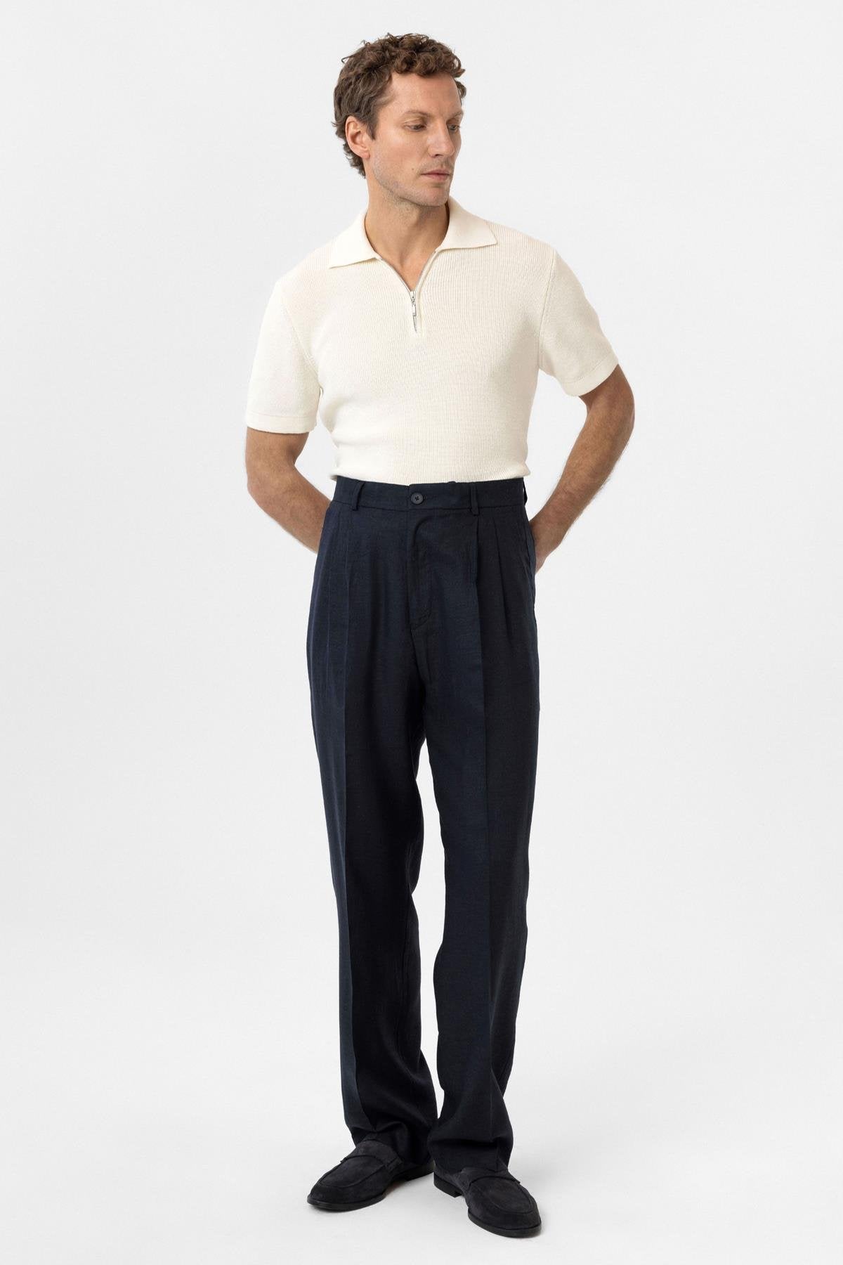 Antioch-Lacivert Keten Karışımlı Erkek Baggy Pantolon-Kumaş Pantolon-2-Milagron.com