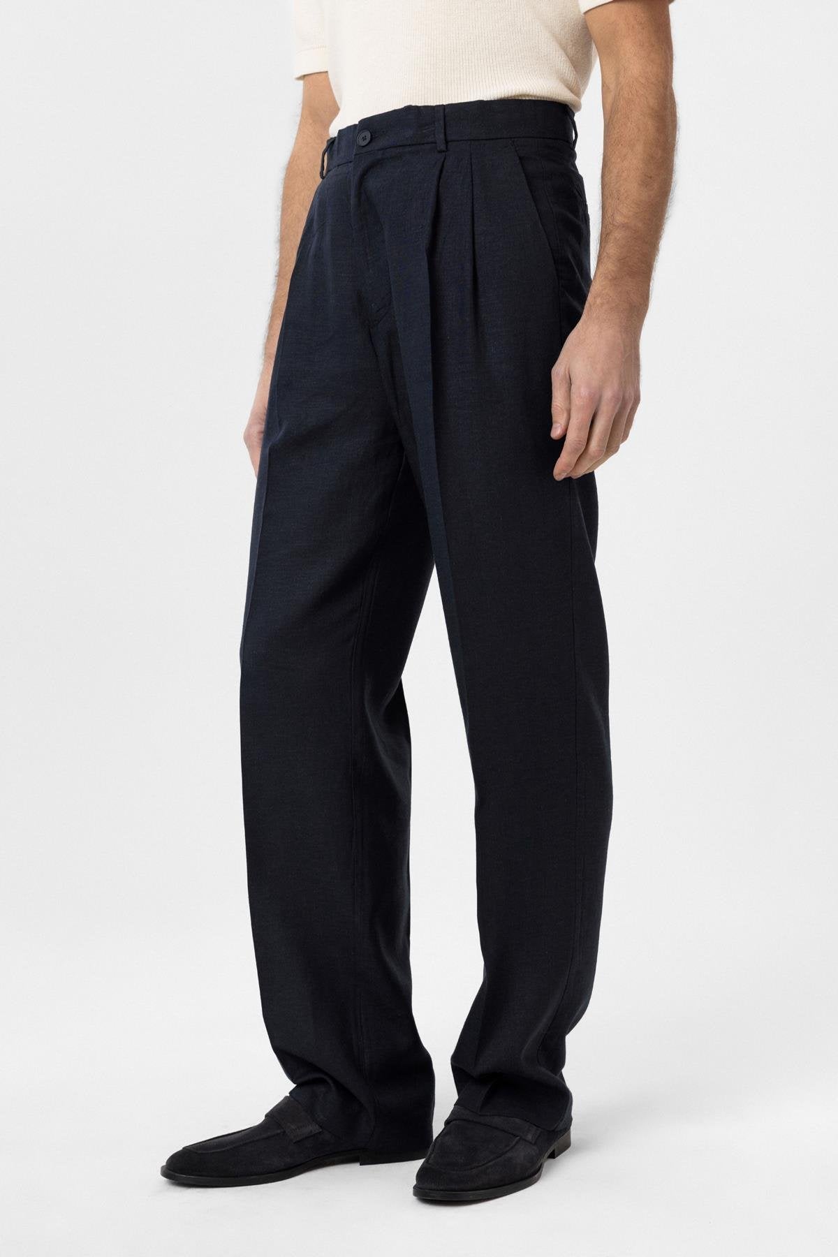 Antioch-Lacivert Keten Karışımlı Erkek Baggy Pantolon-Kumaş Pantolon-3-Milagron.com