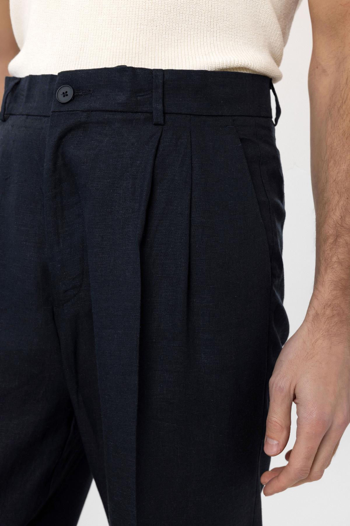 Antioch-Lacivert Keten Karışımlı Erkek Baggy Pantolon-Kumaş Pantolon-4-Milagron.com