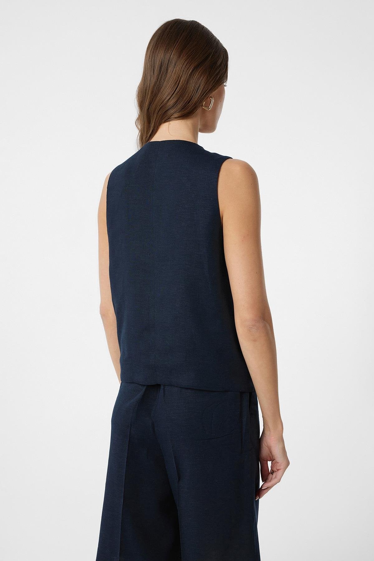 Antioch-Lacivert Keten Karışımlı Kadın Terzi Yeleği-Yelek-4-Milagron.com