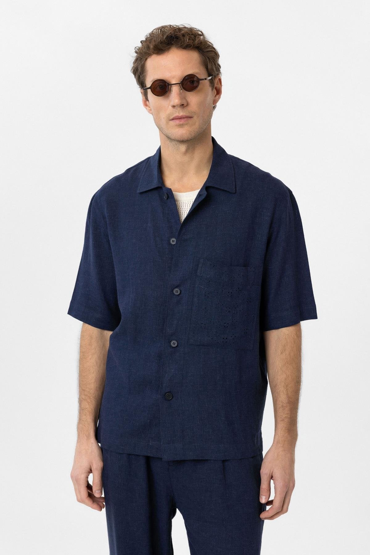 Antioch-Lacivert Keten Karışımlı Kısa Kollu Erkek Gömlek-Gömlek-1-Milagron.com