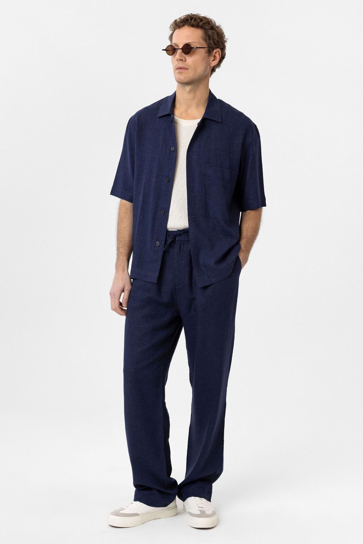 Antioch-Lacivert Keten Karışımlı Kısa Kollu Erkek Gömlek-Gömlek-2-Milagron.com