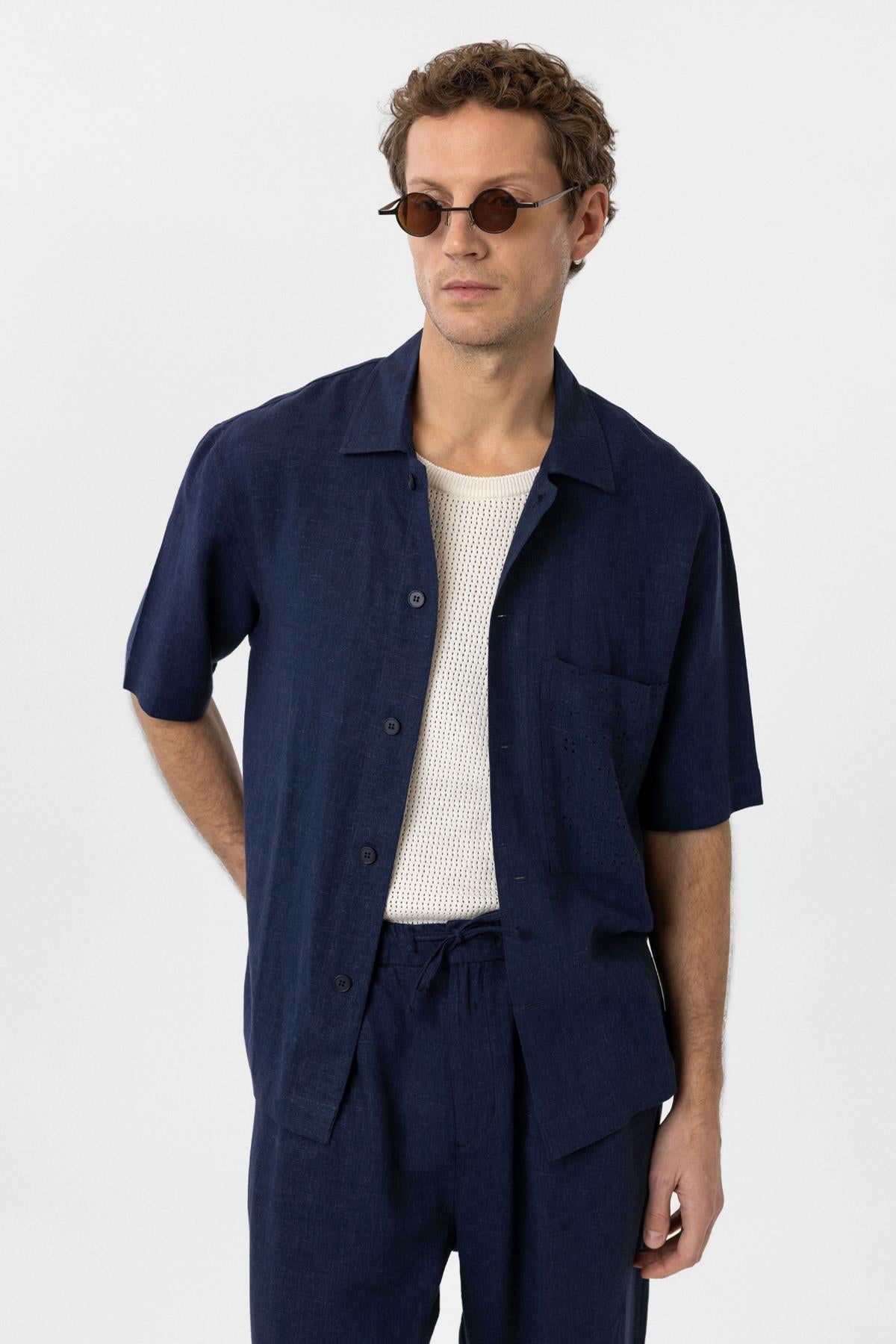 Antioch-Lacivert Keten Karışımlı Kısa Kollu Erkek Gömlek-Gömlek-3-Milagron.com