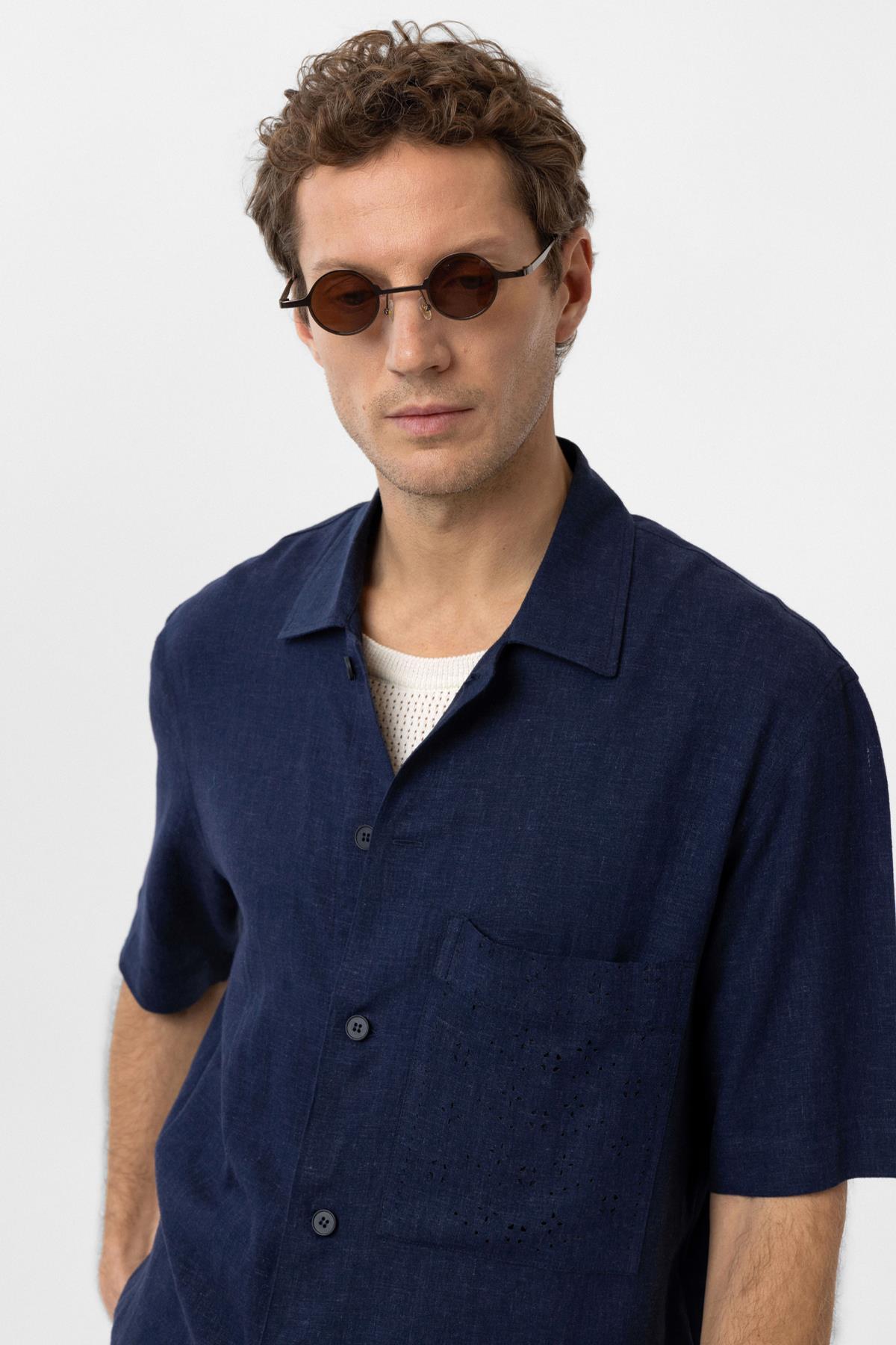 Antioch-Lacivert Keten Karışımlı Kısa Kollu Erkek Gömlek-Gömlek-4-Milagron.com