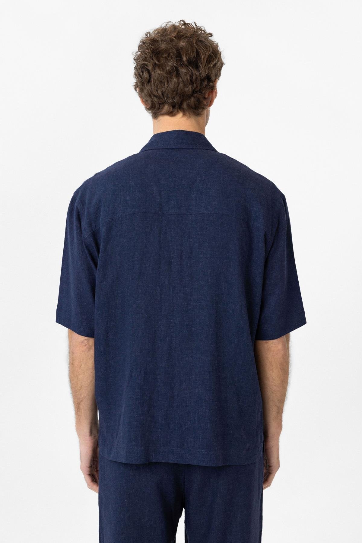 Antioch-Lacivert Keten Karışımlı Kısa Kollu Erkek Gömlek-Gömlek-5-Milagron.com