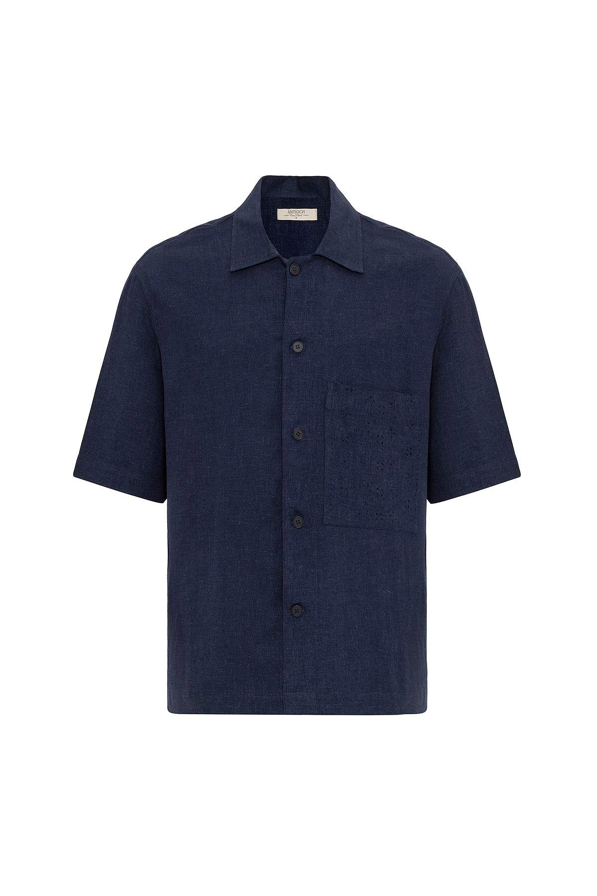 Antioch-Lacivert Keten Karışımlı Kısa Kollu Erkek Gömlek-Gömlek-6-Milagron.com