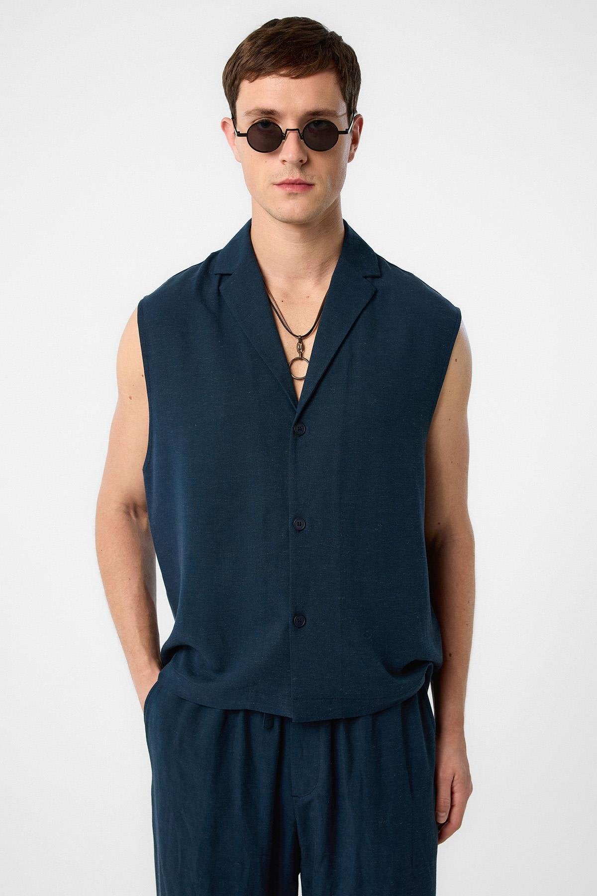 Antioch-Lacivert Keten Karışımlı Kolsuz Erkek Gömlek-Gömlek-1-Milagron.com