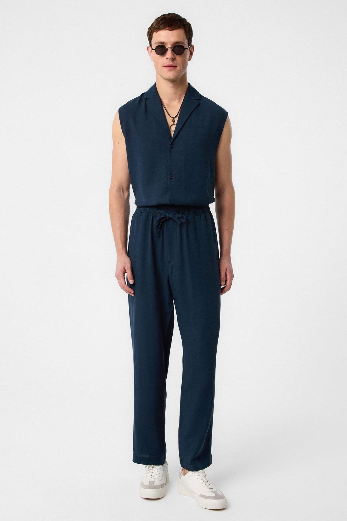 Antioch-Lacivert Keten Karışımlı Kolsuz Erkek Gömlek-Gömlek-3-Milagron.com