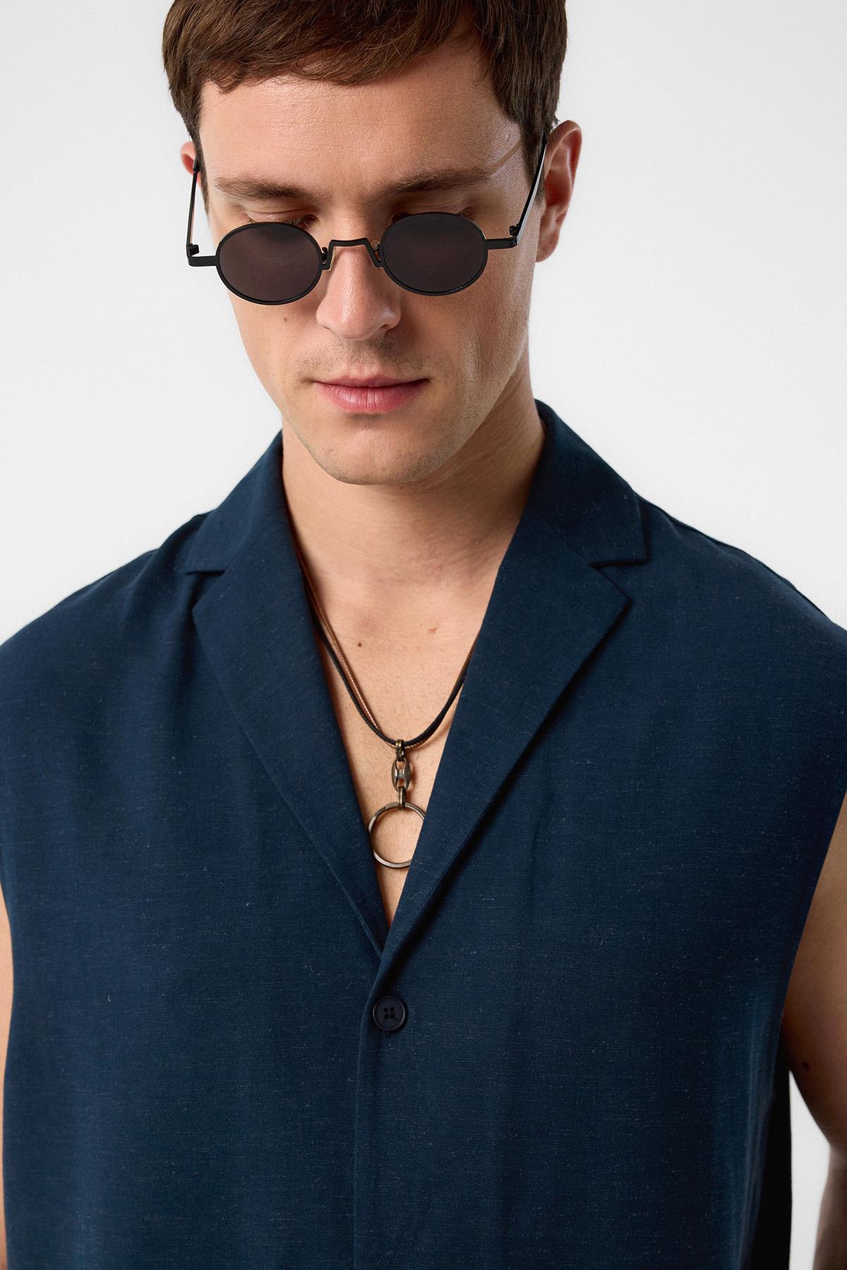 Antioch-Lacivert Keten Karışımlı Kolsuz Erkek Gömlek-Gömlek-4-Milagron.com