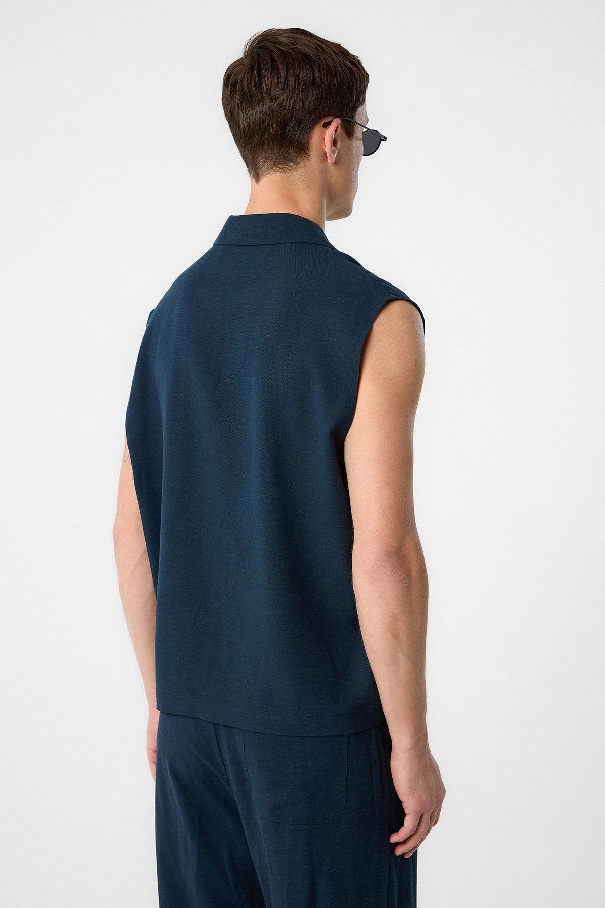 Antioch-Lacivert Keten Karışımlı Kolsuz Erkek Gömlek-Gömlek-5-Milagron.com