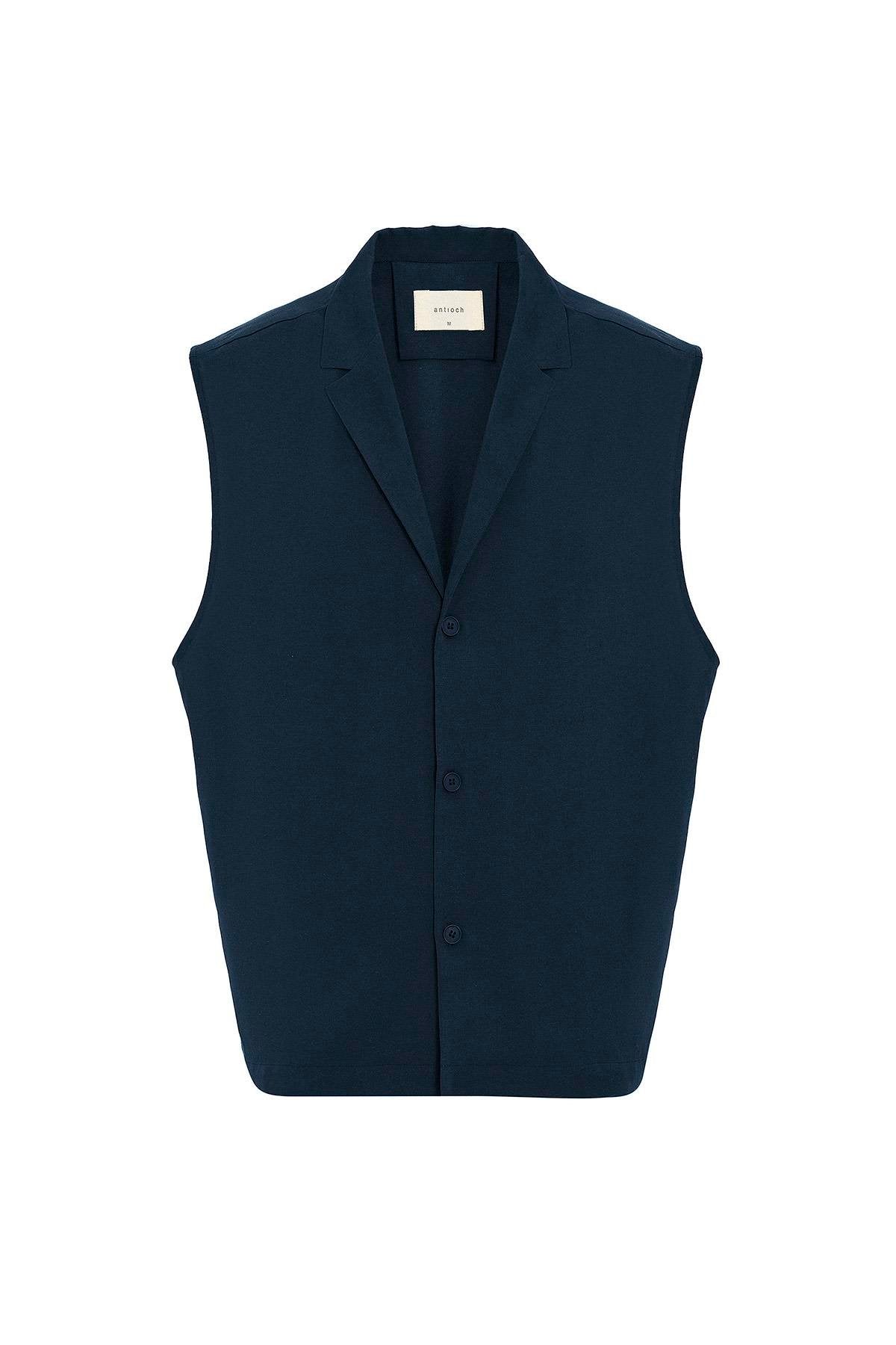 Antioch-Lacivert Keten Karışımlı Kolsuz Erkek Gömlek-Gömlek-6-Milagron.com