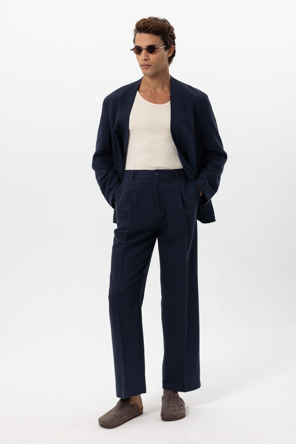 Antioch-Lacivert Keten Karışımlı Kruvaze Düğmeli Erkek Blazer Ceket-Ceket-4-Milagron.com