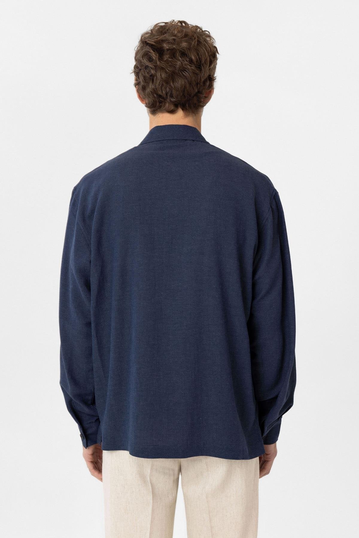 Antioch-Lacivert Keten Karışımlı Relaxed Erkek Gömlek-Gömlek-10-Milagron.com