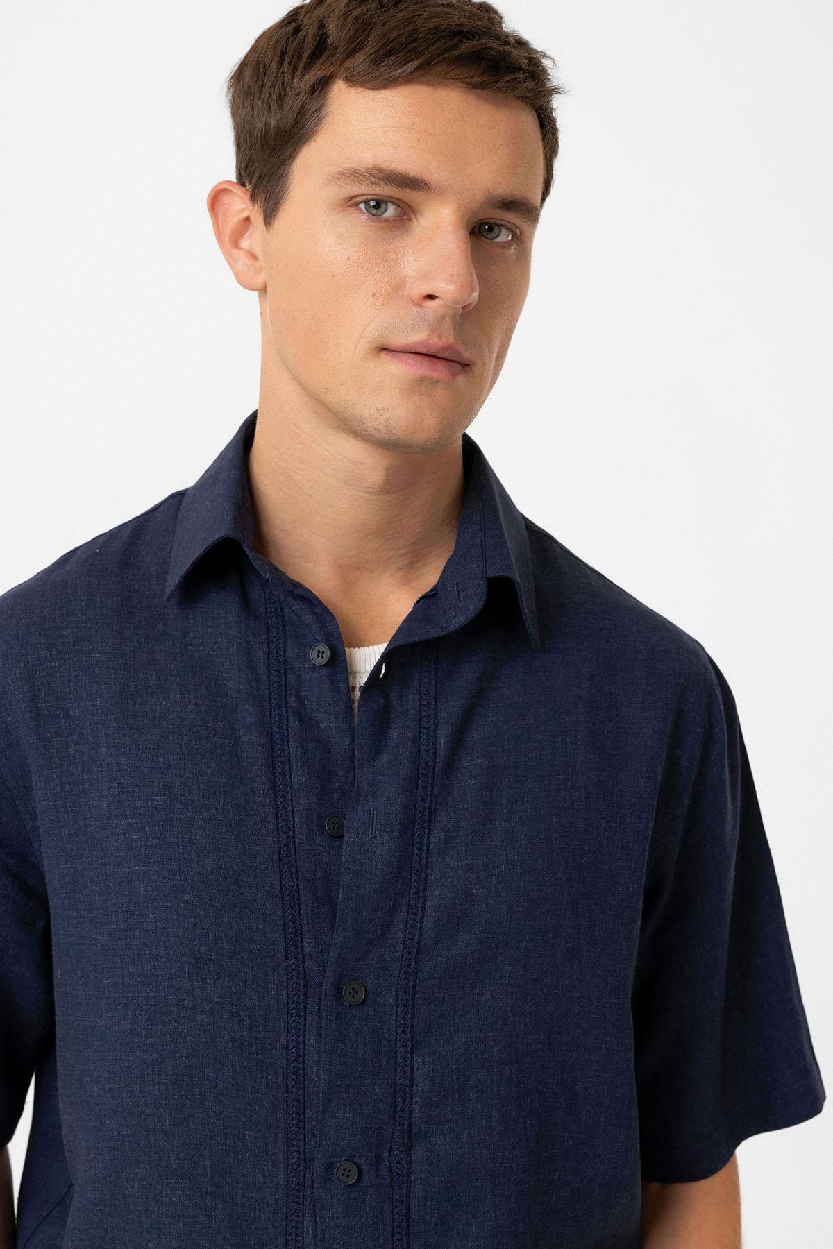 Antioch-Lacivert Keten Karışımlı Relaxed Erkek Gömlek-Gömlek-4-Milagron.com