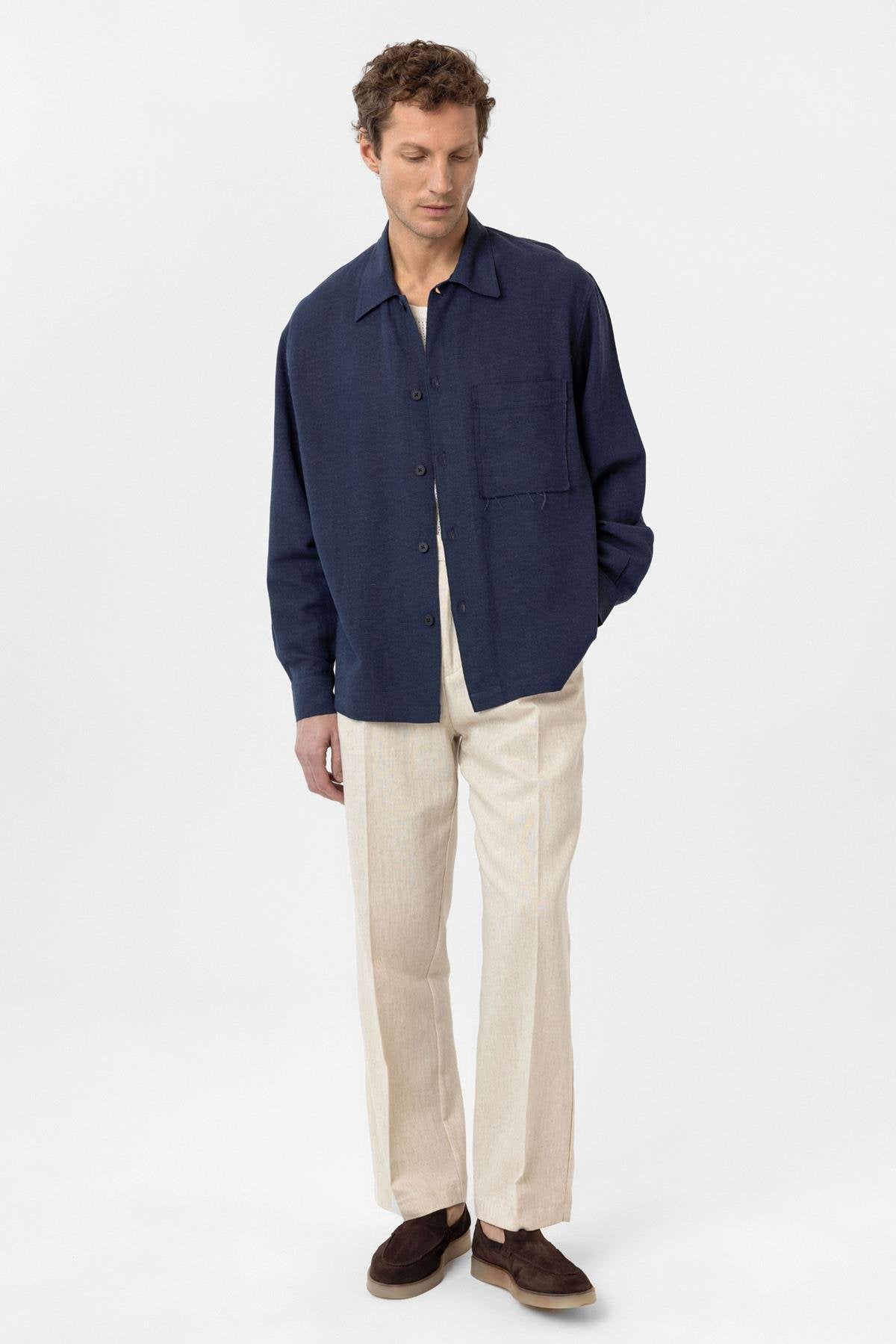 Antioch-Lacivert Keten Karışımlı Relaxed Erkek Gömlek-Gömlek-5-Milagron.com