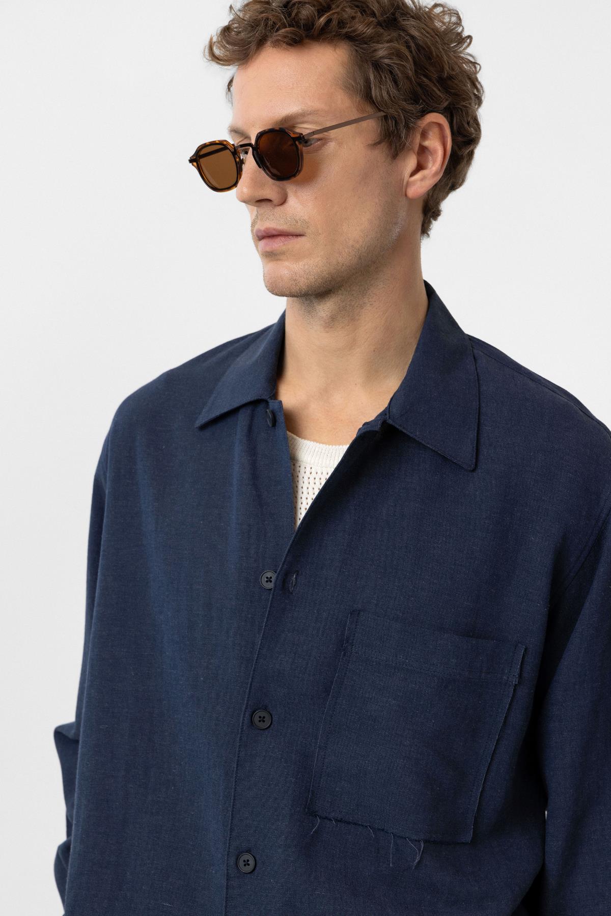 Antioch-Lacivert Keten Karışımlı Relaxed Erkek Gömlek-Gömlek-8-Milagron.com