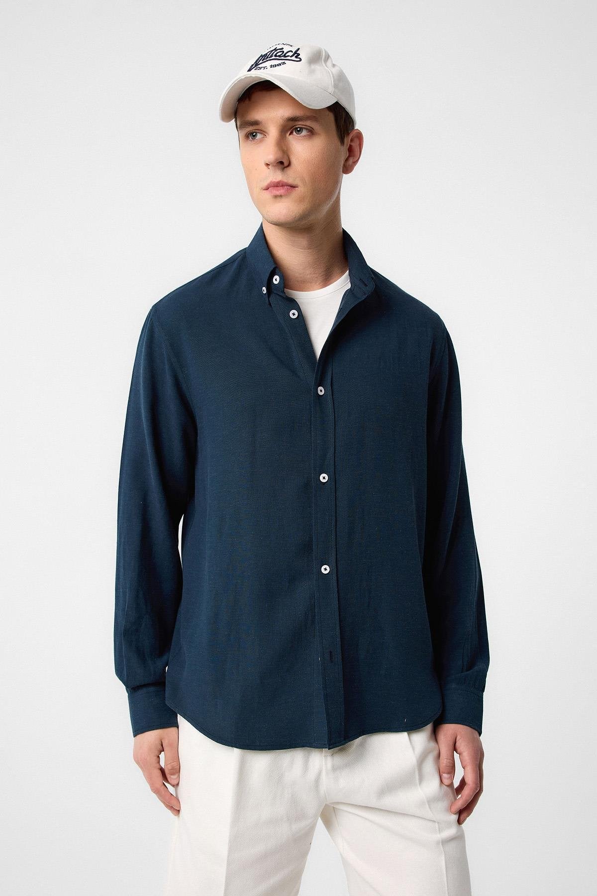 Antioch-Lacivert Keten Karışımlı Yaka Düğmeli Erkek Gömlek-Gömlek-1-Milagron.com