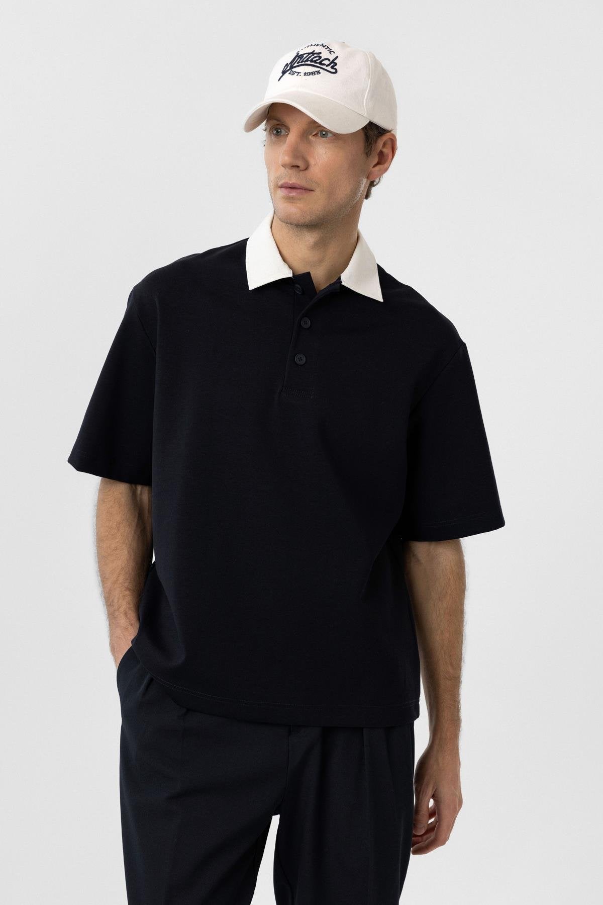 Antioch-Lacivert Kontrast Yaka İnterlok Dokulu Erkek T Shirt-T-Shirts-1-Milagron.com